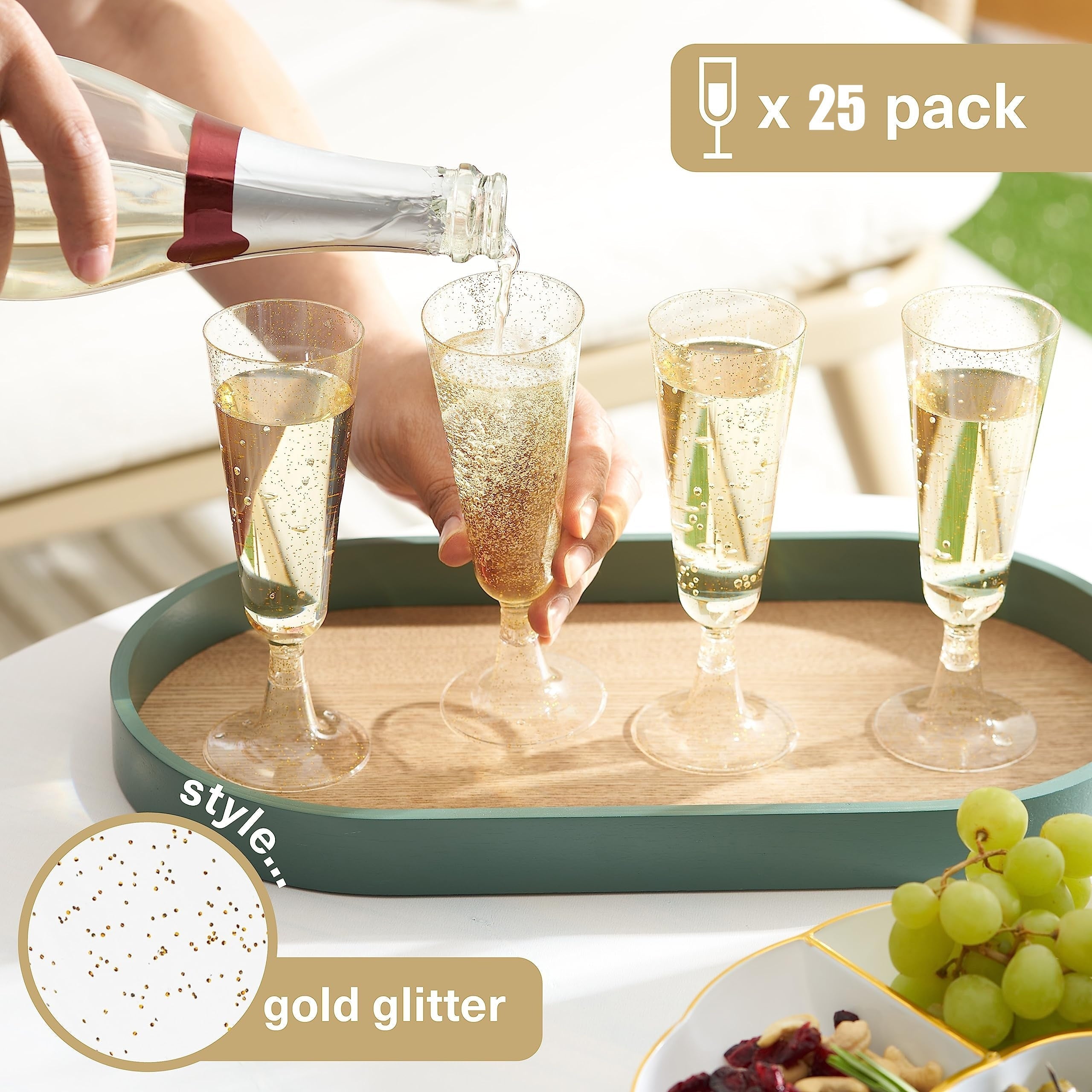 25 Pack Gold Glitter Plastic Champagne Flutes 5oz Eco-Friendly Wedding Party