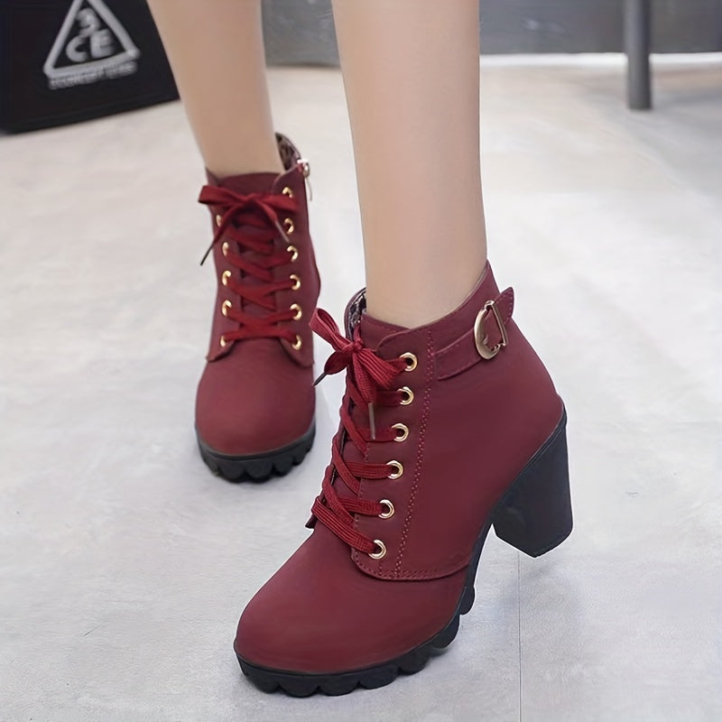 Women's Block Heel Short Boots Casual Lace Up Ankle Boots