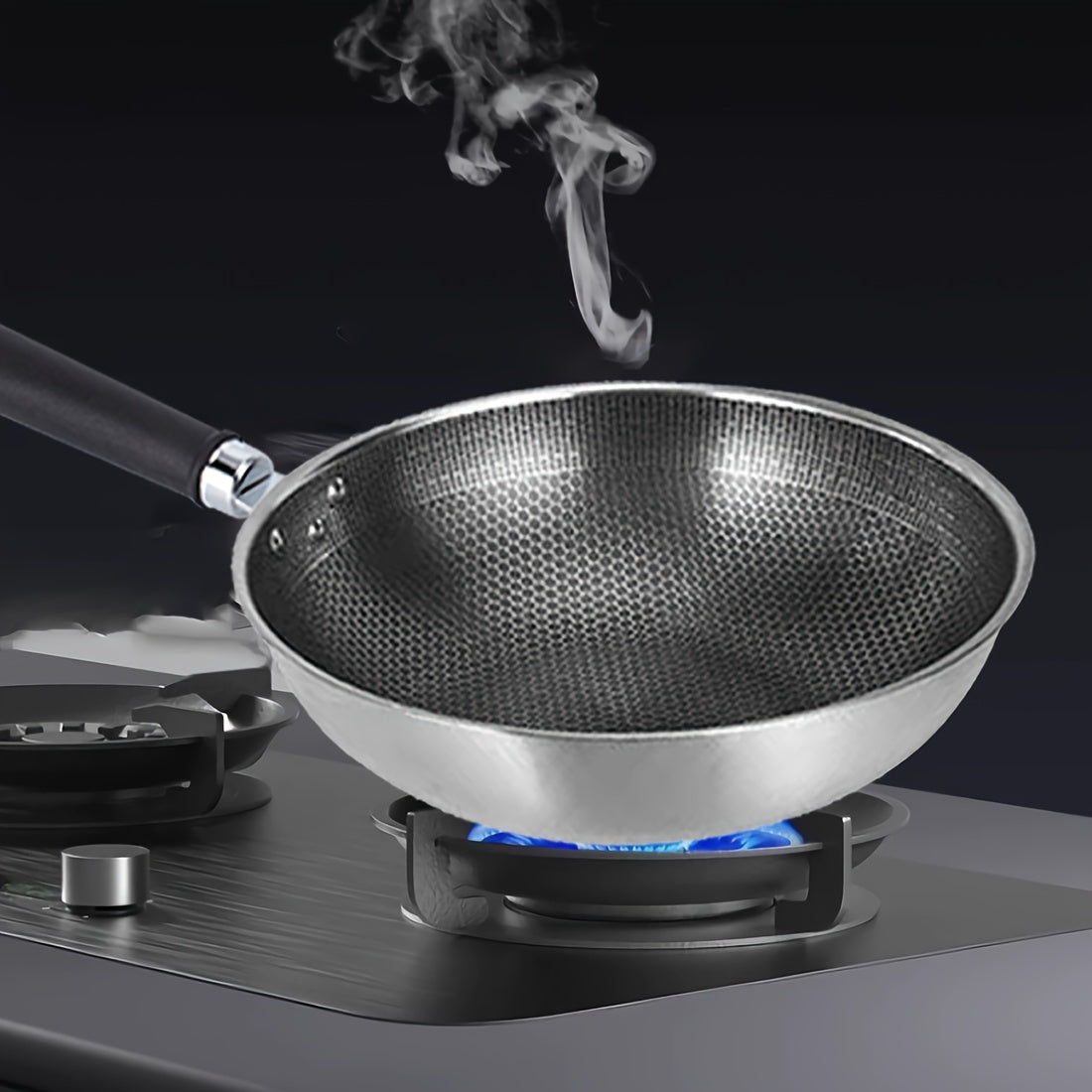 Wok de panal de acero inoxidable con tapa de cristal, antiadherente, soporte de hierro fundido, apilable