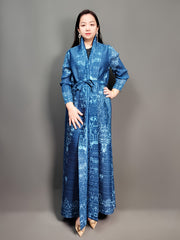 Blue and Black Floral Print Maxi Kaftan Dress with Long Sleeves and Tie Waist for Women