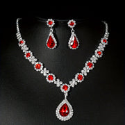 Silver Plated Jewelry Set for Women Red Rhinestone Flower Teardrop Pendant for Parties