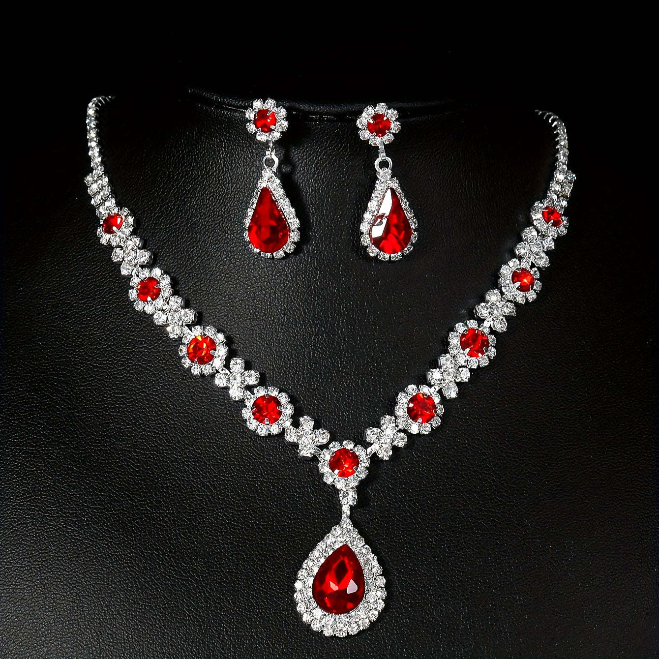 Silver Plated Jewelry Set for Women Red Rhinestone Flower Teardrop Pendant for Parties