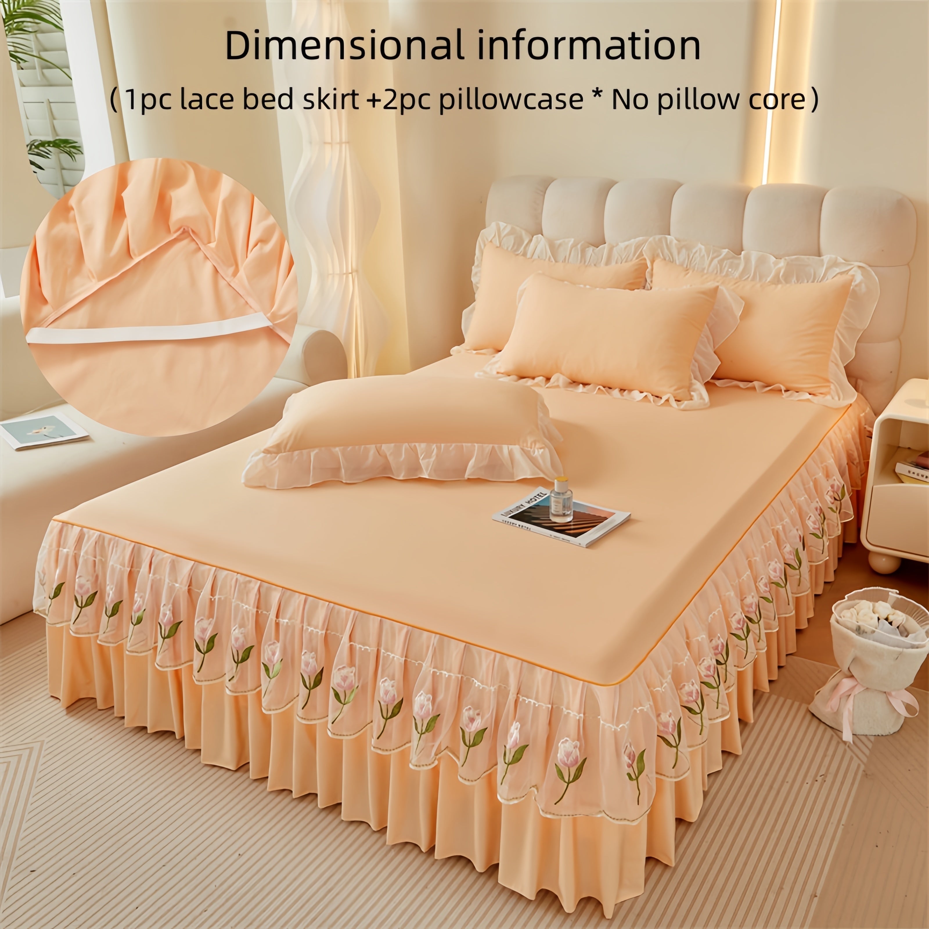 3pcs Embroidered Bed Skirt Set with Rose Lace Ruffles Polyester Includes Lace Bed Skirt and Lotus Leaf Pillowcases for Bedroom Guest Room