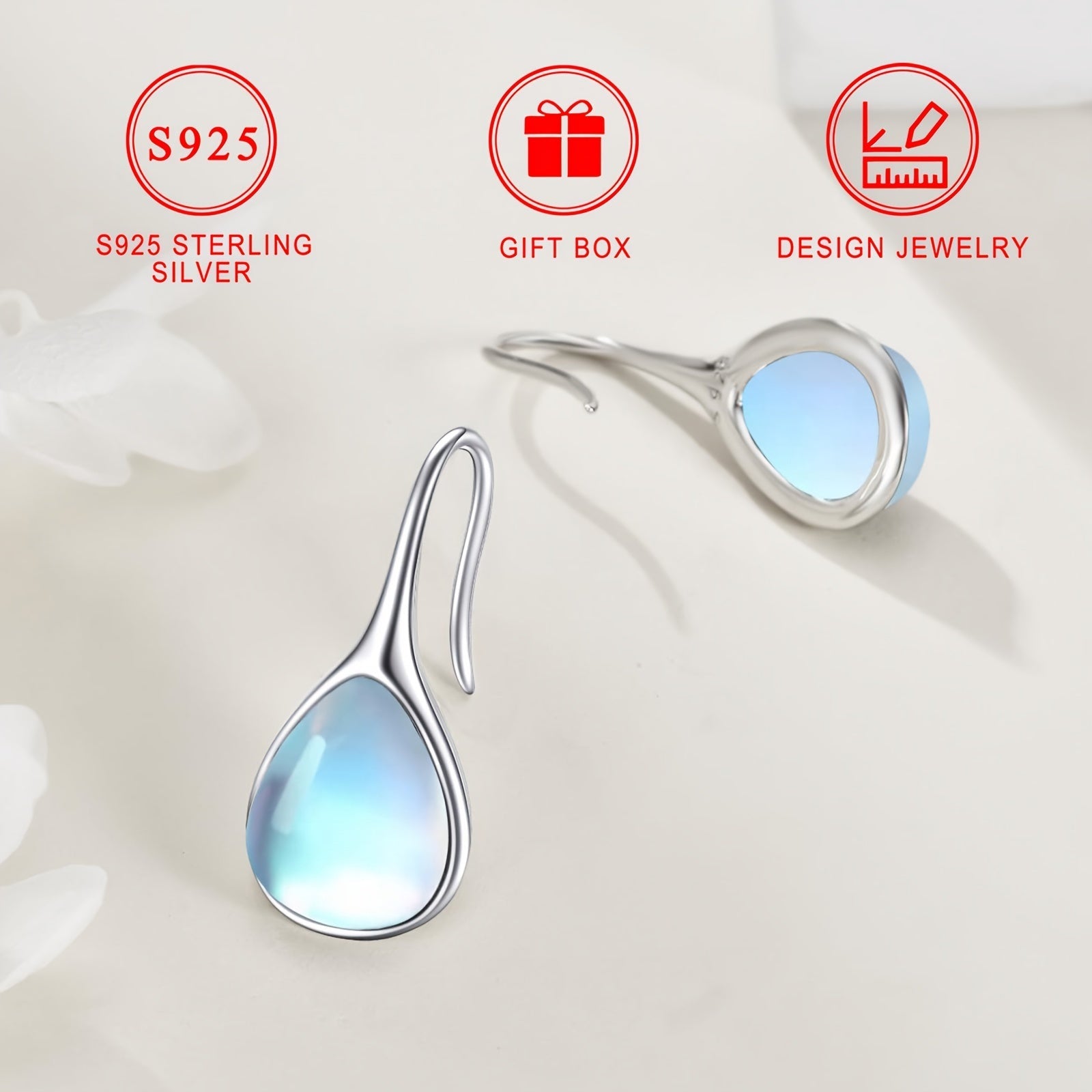 Серебряные серьги-капли с лунным камнем гипоаллергенные минималистичные украшения