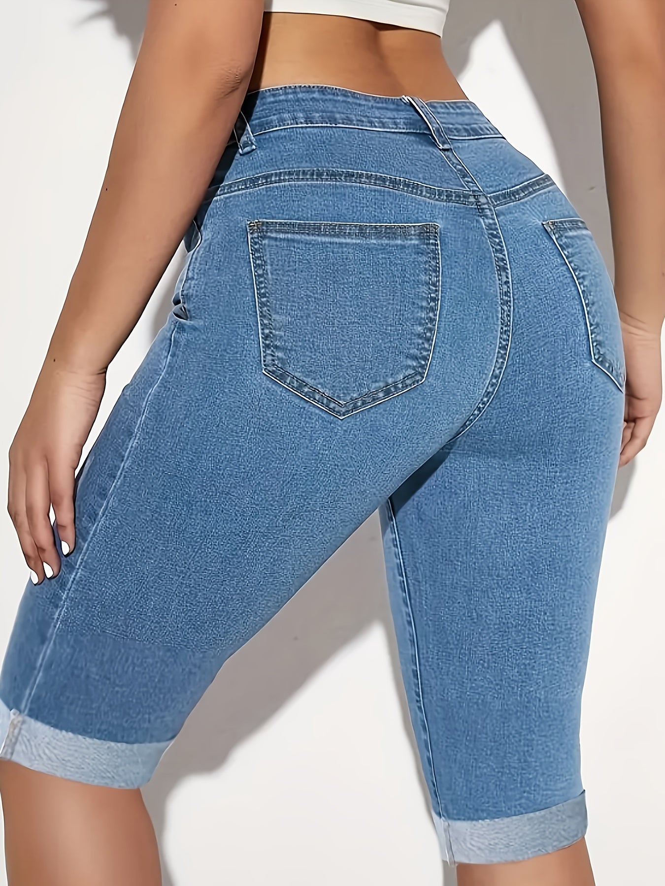 Women's Light Blue High-Waist Denim Shorts with Rolled Hem