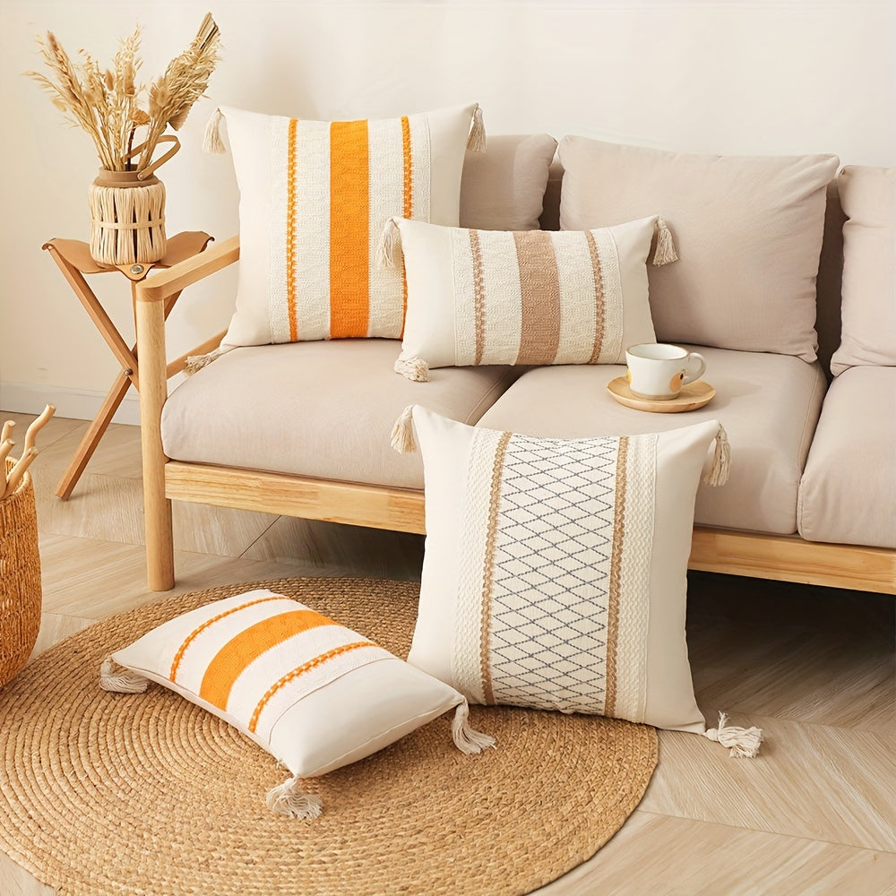 Bohemian Fringe Pillow Cover Geometric Pattern Orange Beige White Cushion Case for Sofa Decor