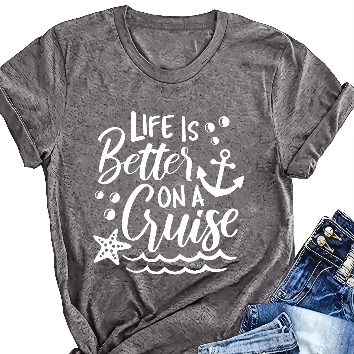 Plus Size Women's Cruise & Anchor Print T-Shirt Short Sleeve Crew Neck