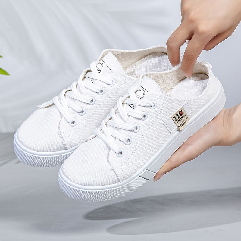 Women's White Fabric Low-Top Lace-Up Sneakers All-Season Round Toe