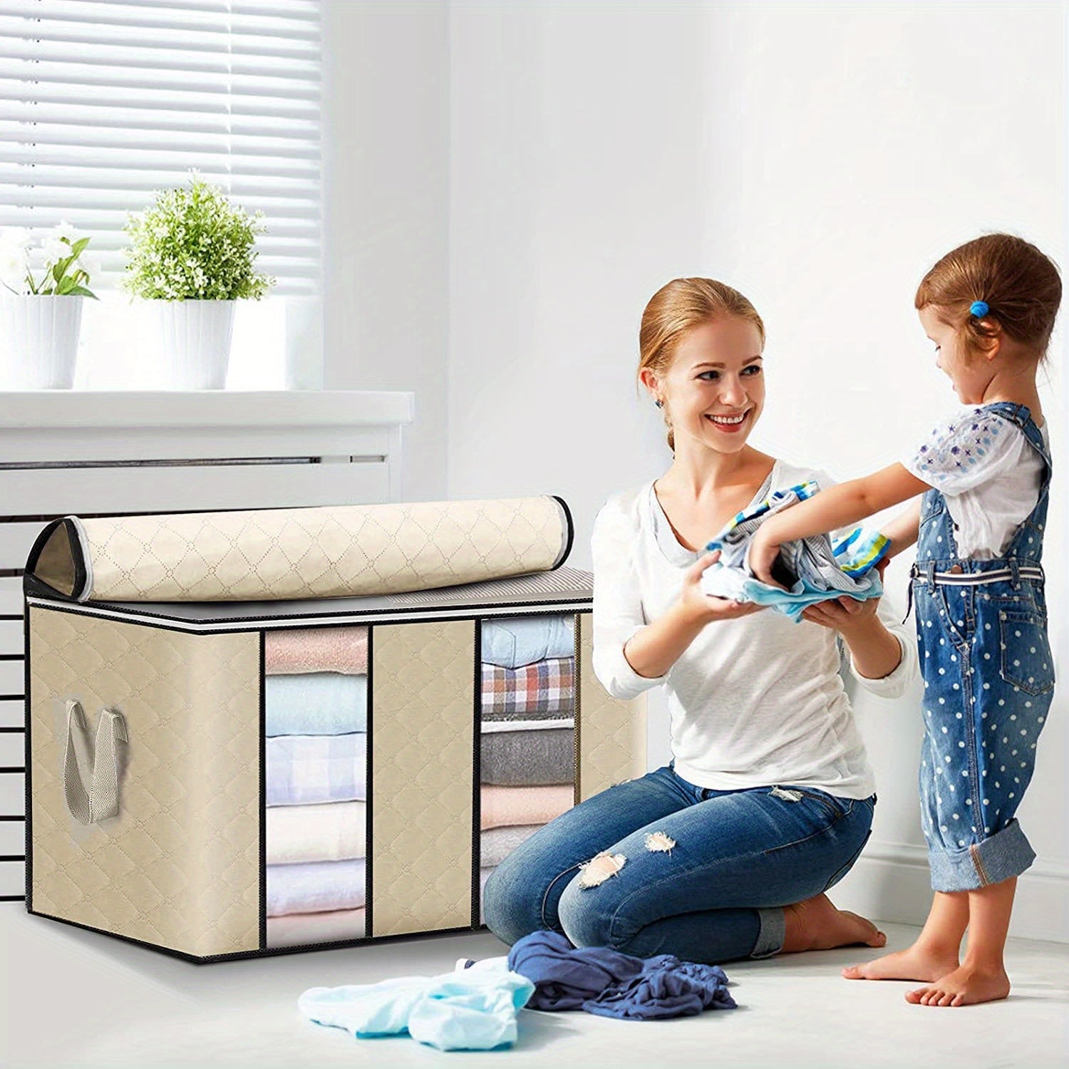 Keng mato kiyim saqlash sumkasi 90L, tutqich va shaffof oynali