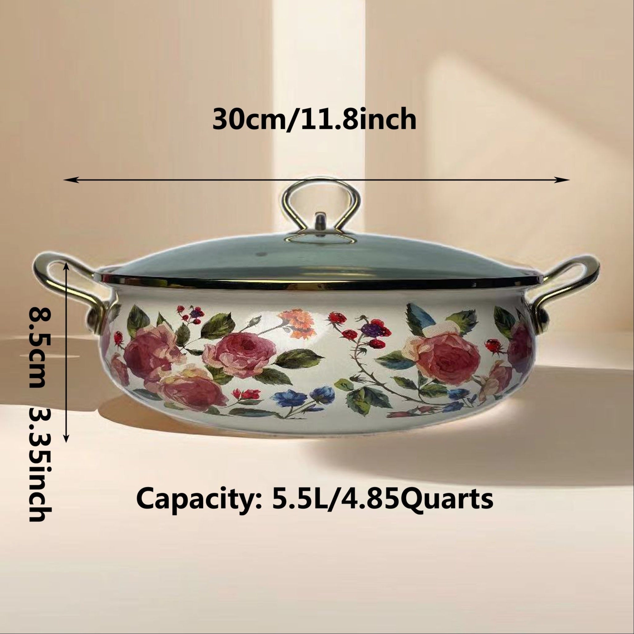 Floral Enamel Soup Pot with Lid and Sturdy Handle Kitchen Cookware