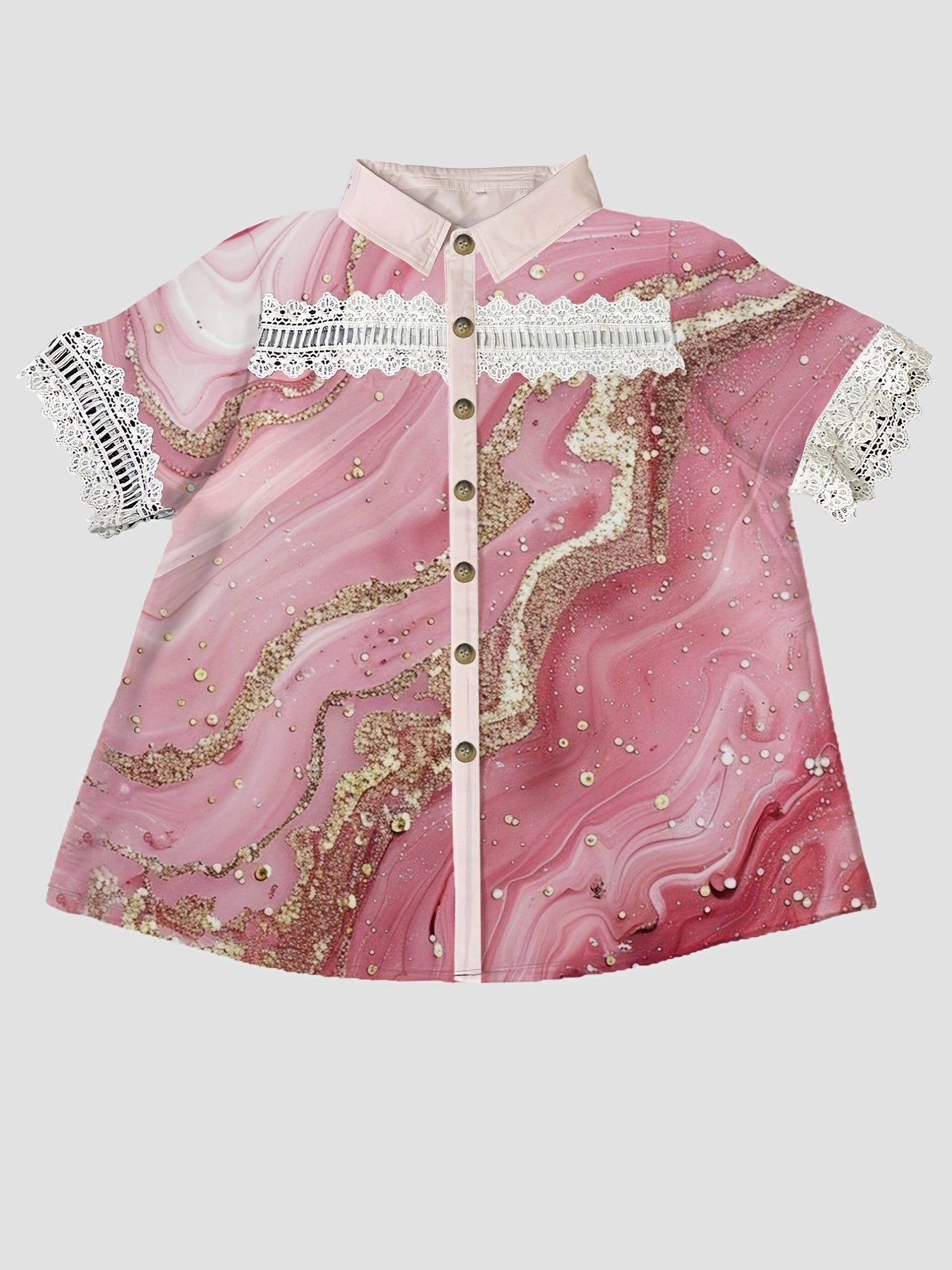 Women's Marble Print Short Sleeve Blouse with Lace Detail Summer Fashion