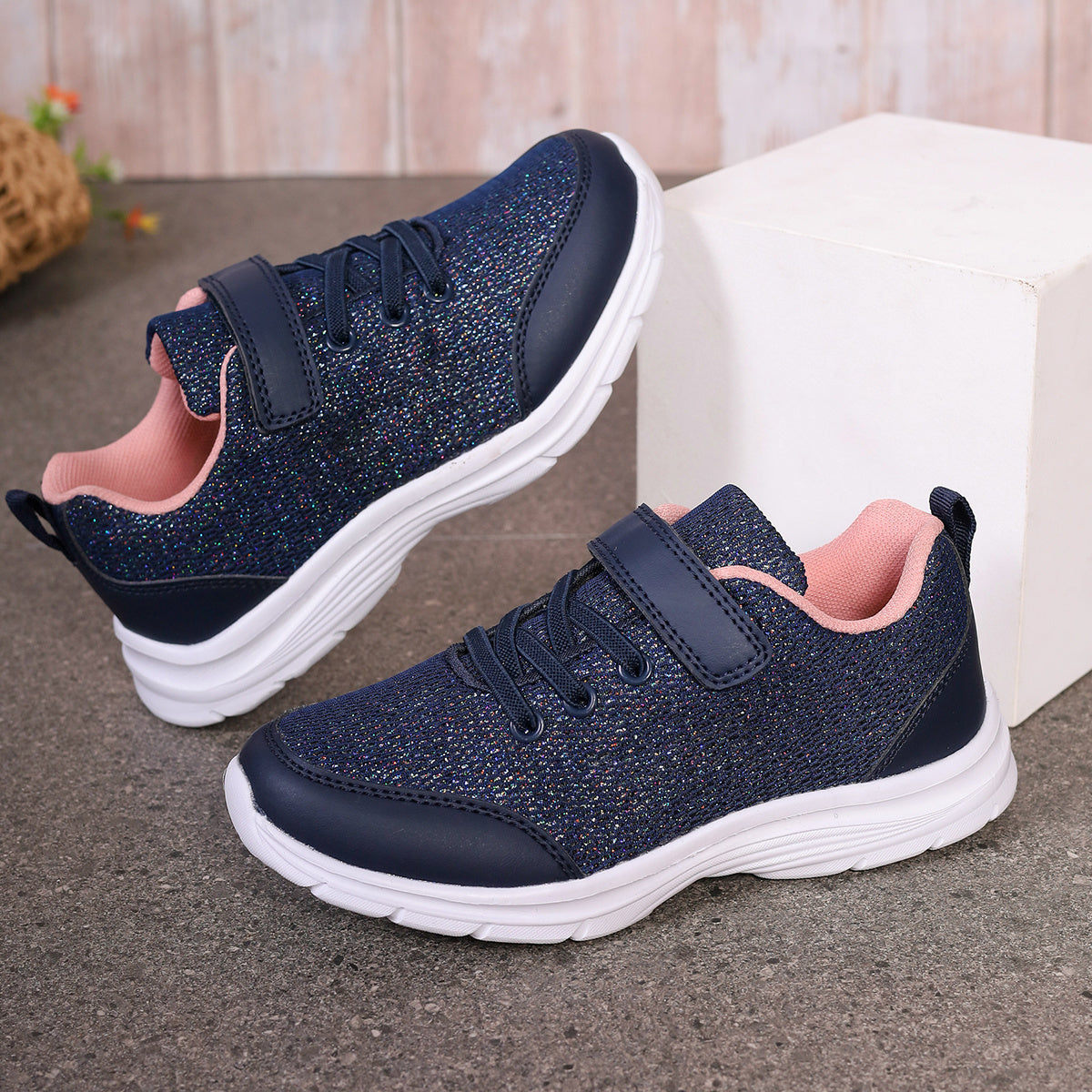 Kids' Navy Blue Pink Glitter Sneakers with Geometric Design Lightweight EVA Sole