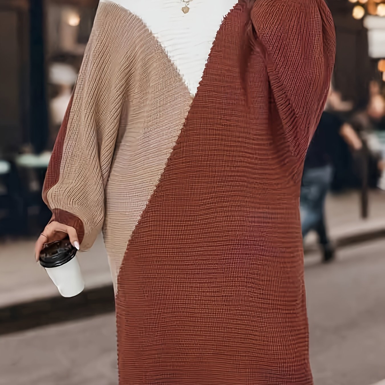 Plus Size Color Block Sweater Dress Long Sleeve Casual Loose Fit Women's Clothing