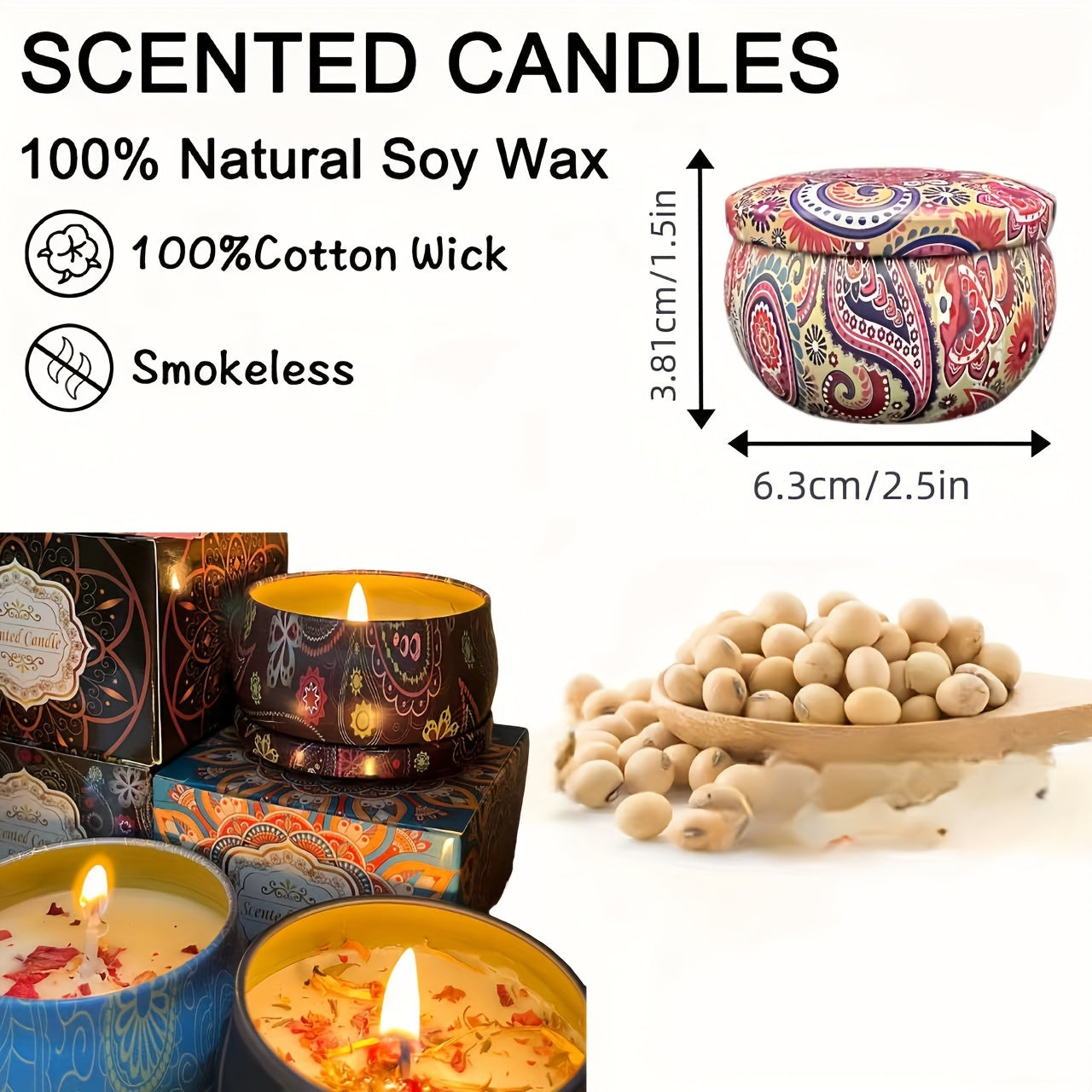 Vela de cera de soja con flores secas en lata de mini cuenco para decoración del hogar y relajación