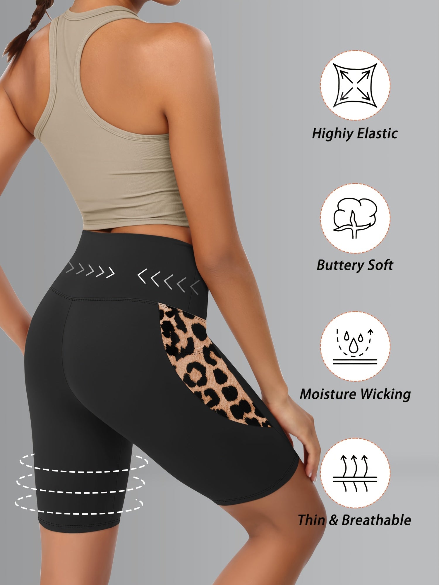 Women's Leopard Print High-Waist Tummy Control Shorts with Pockets