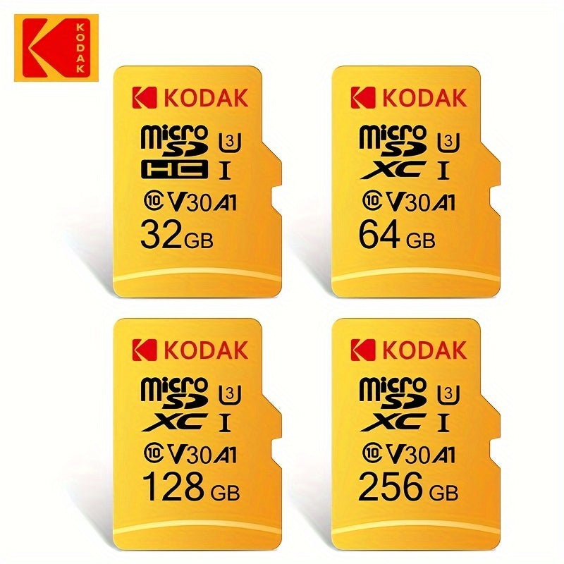 KODAK MicroSDXC xotira kartasi yuqori tezlikda 4K video yozish uchun, 64GB/128GB/32GB o'lchamlarida mavjud. Ultra ishlash, batareya talab qilinmaydi.
