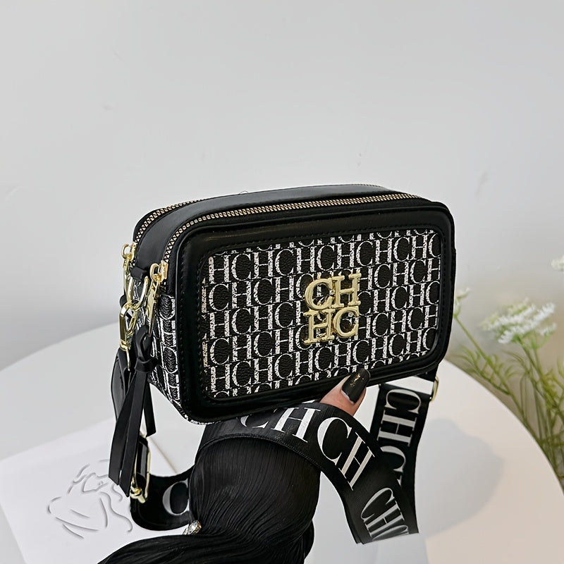 Korean Style Crossbody Bag with Contrast PU Shoulder Strap and Letter Print