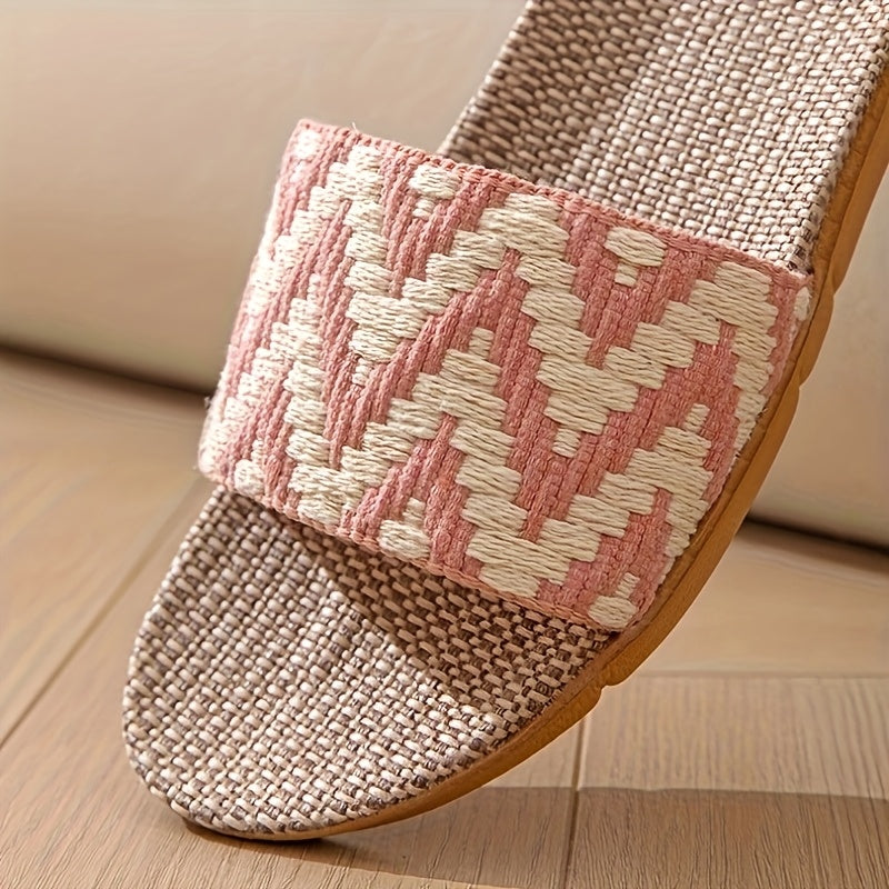 Unisex Linen Slip-On Slippers with Chevron Pattern Non-Slip EVA Sole