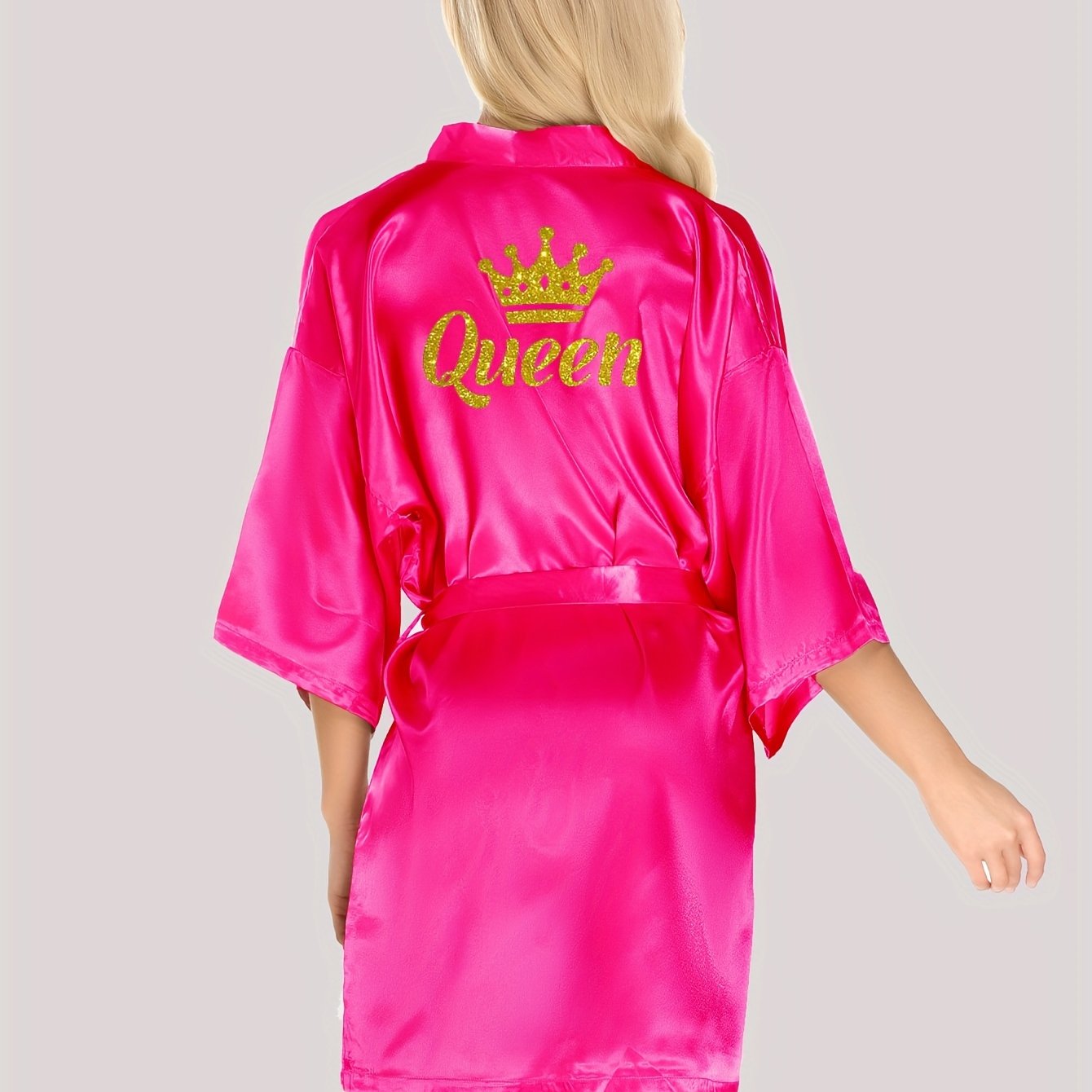 Women's Night Robe with Queen Letter Pattern V-Neck 3/4 Sleeves Belt Polyester