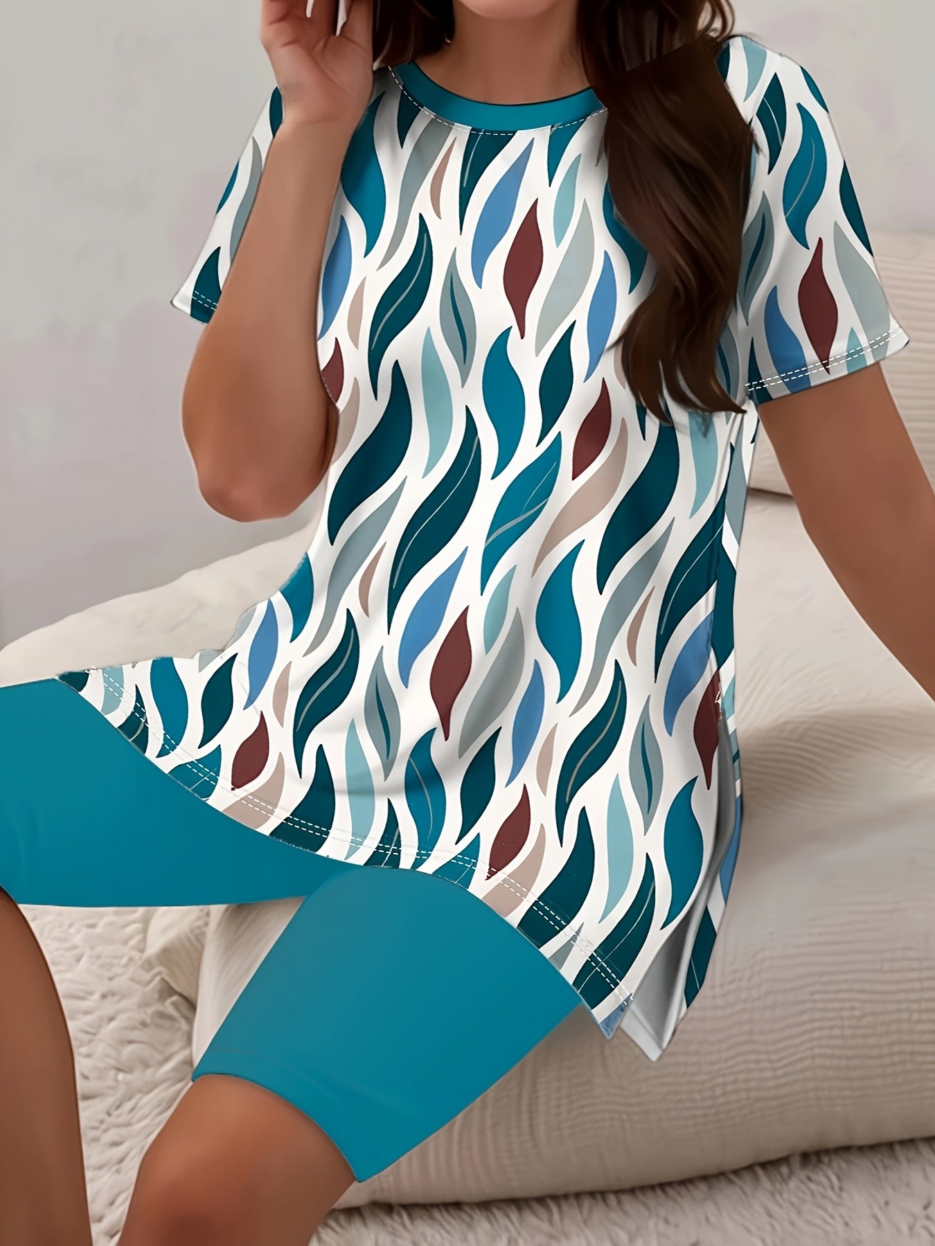 Women's Twisted Leaf Print Two-Piece Short Set Summer Casual Comfortable