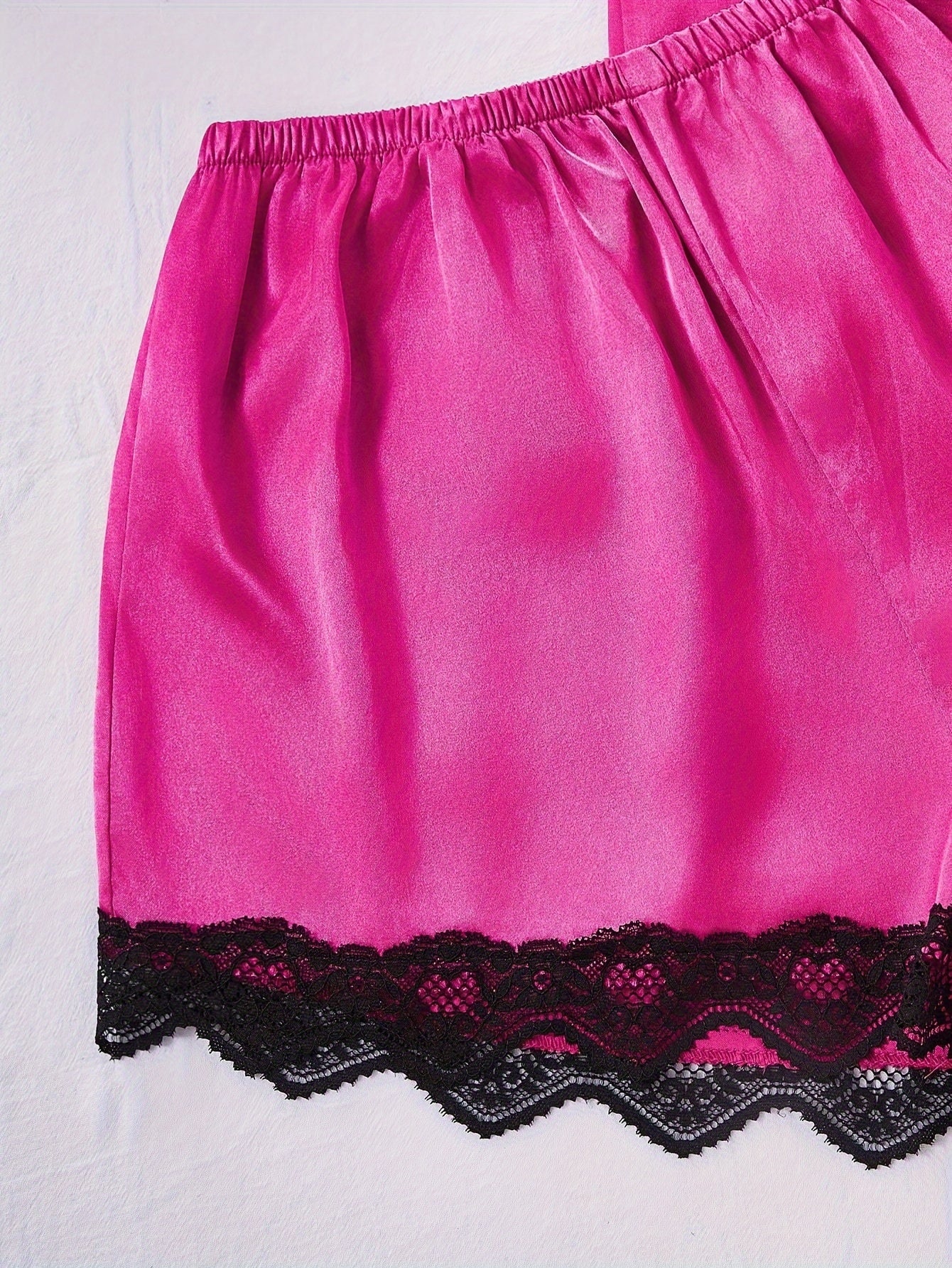 Women's Solid Polyester Pajama Set with Lace Trim Camisole Shorts Pants and Robe