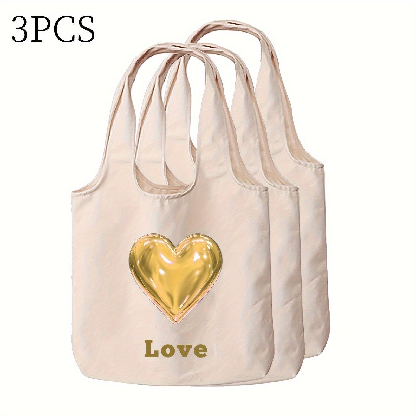 Shaxsiylashtirilgan kanvas tote sumkasi, maxsus matn va yurak naqshlari bilan, 1, 3 yoki 9 ta to'plam