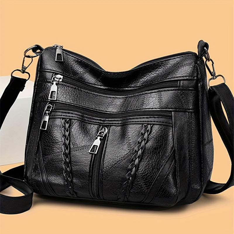 Women's Black Geometric Pattern PU Messenger Bag with Foldable Design and Zipper Closure