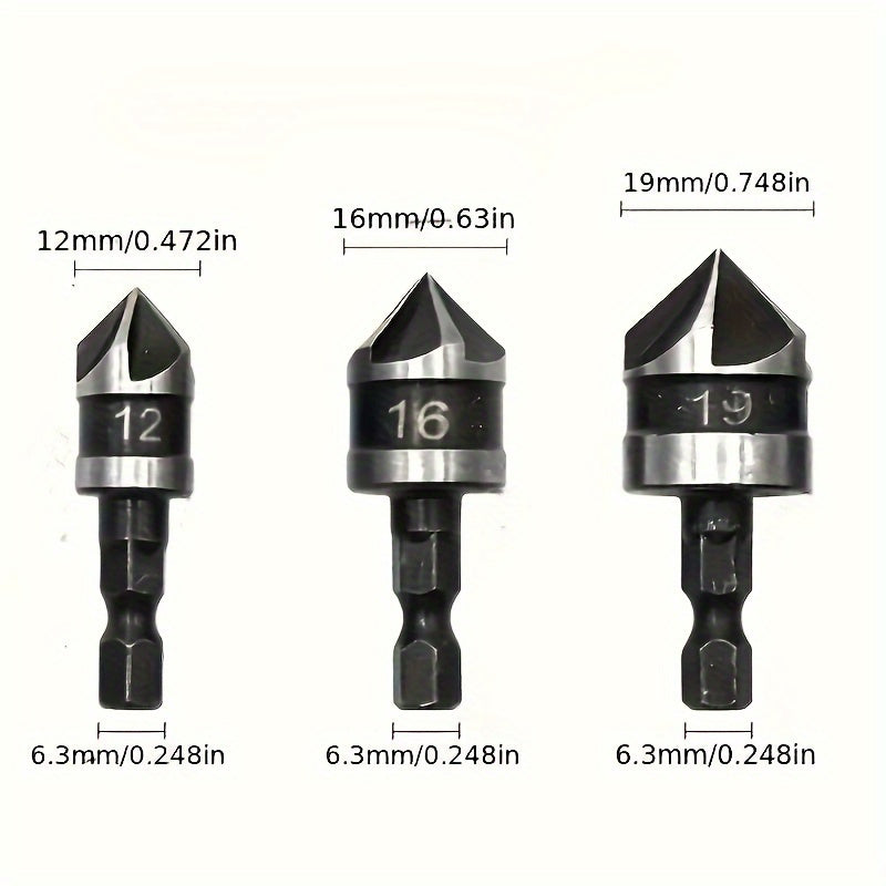 3Pcs HSS Countersink Drill Bit Set Stainless Steel Wood Metal Boring Tools