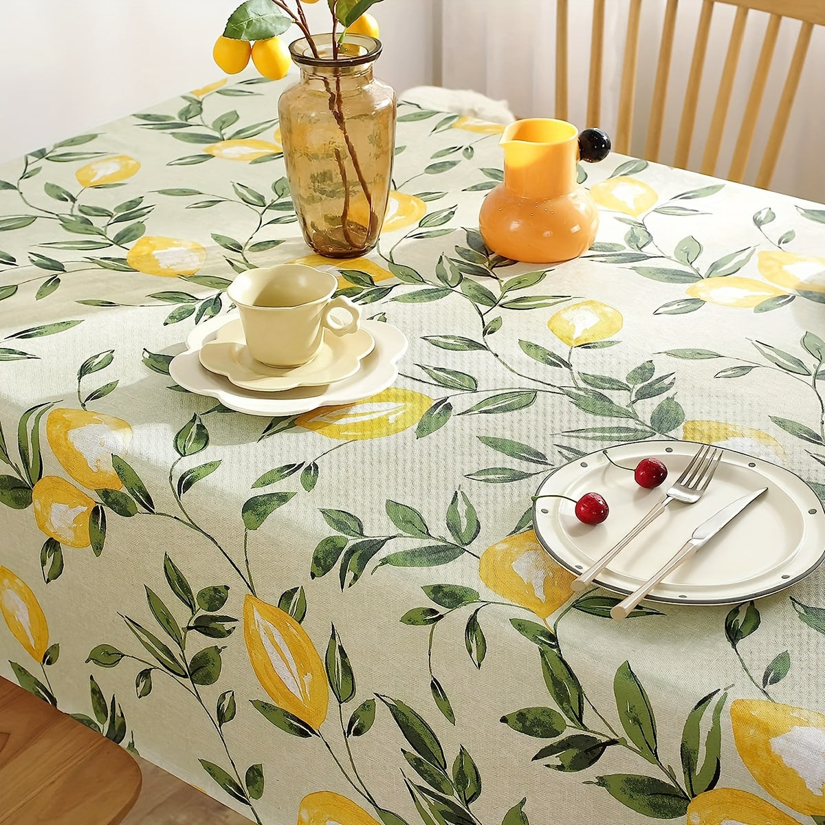 Vinyl Tablecloth Waterproof Oil-Resistant Rectangular Lemon Leaf Pattern for Kitchen Dining