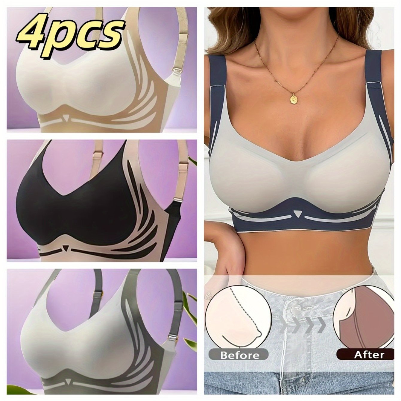Plus Size Women's Summer Seamless Bra Set with Pattern and Color Block