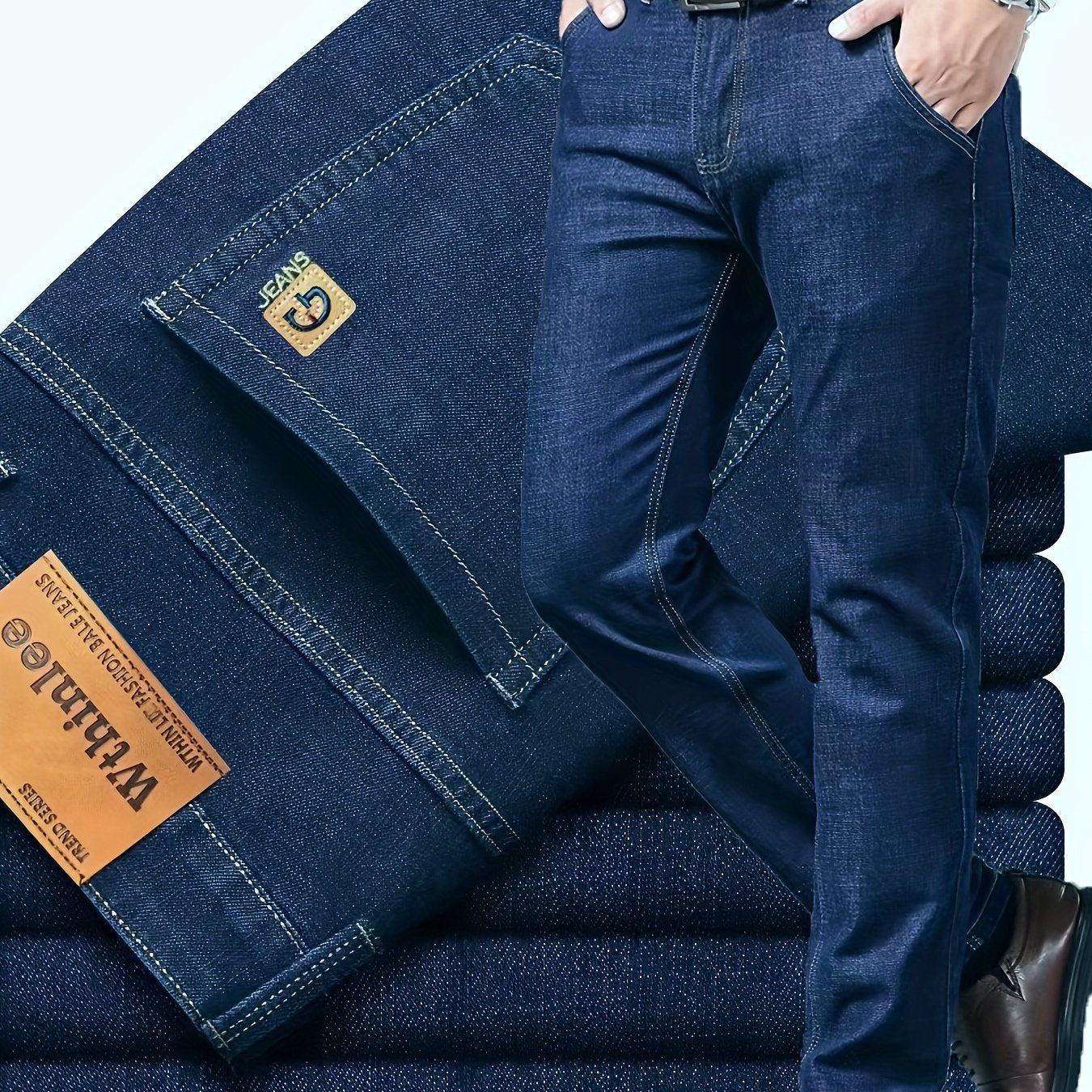 Men's Dark Blue Slim Fit Jeans Casual Pants for Autumn Winter All-Season