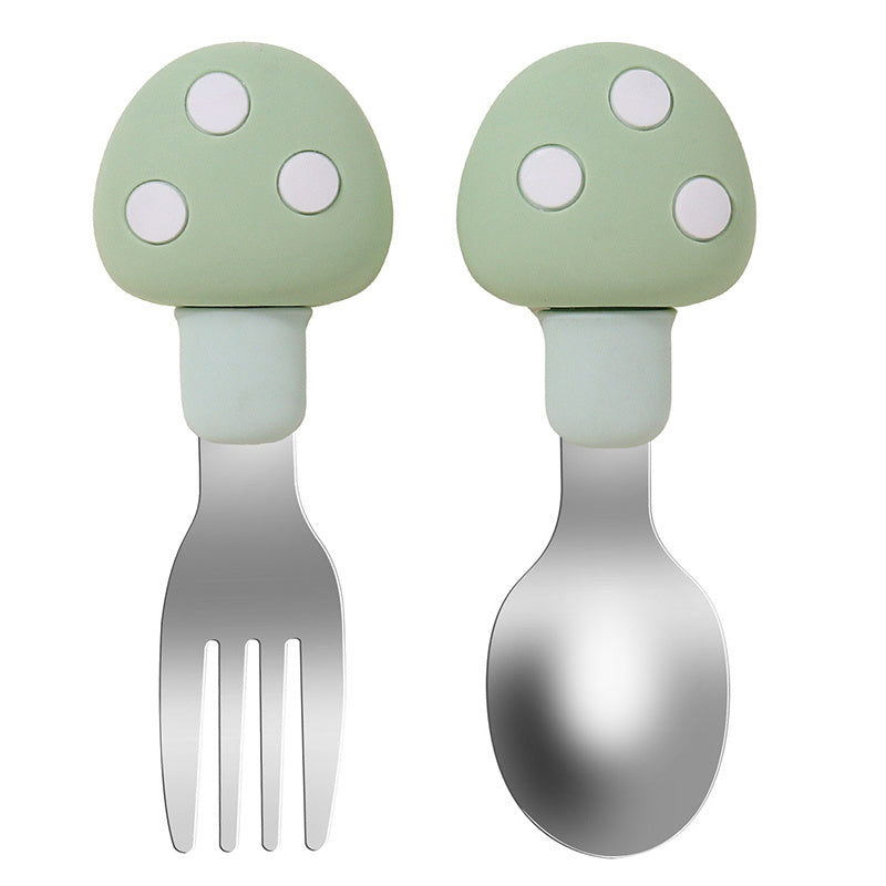 Set de utensilios de silicona para alimentar a bebés con diseño de seta, cuchara y tenedor