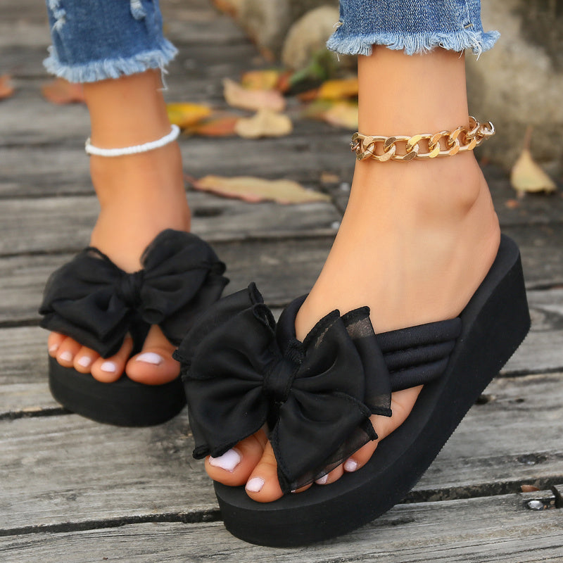 Women's Black Platform Flip-Flops with Bowknot Summer Open Toe Sandals