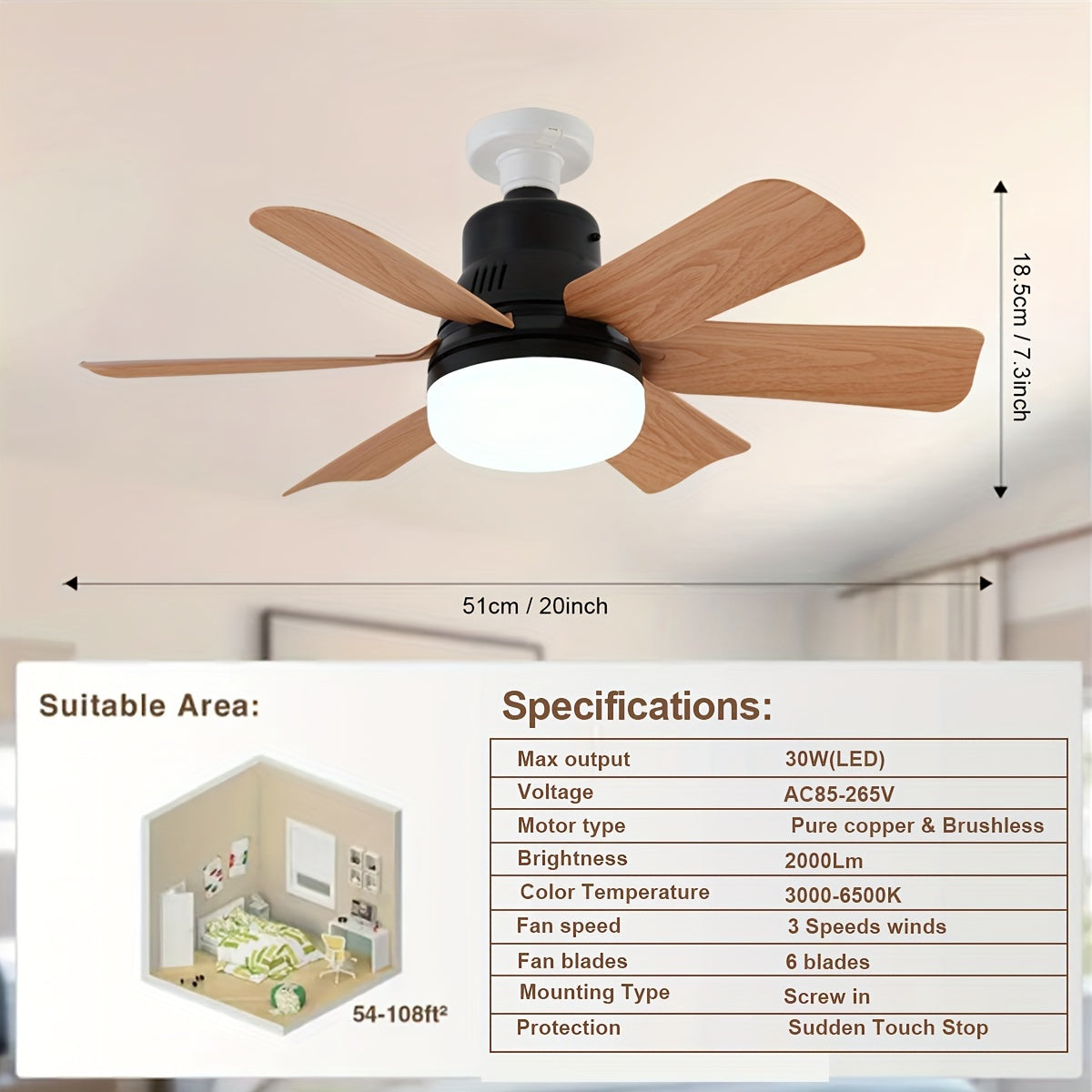 52.07cm Ceiling Fan with Light Remote Control Adjustable LED 6 Blades Black Wood Finish