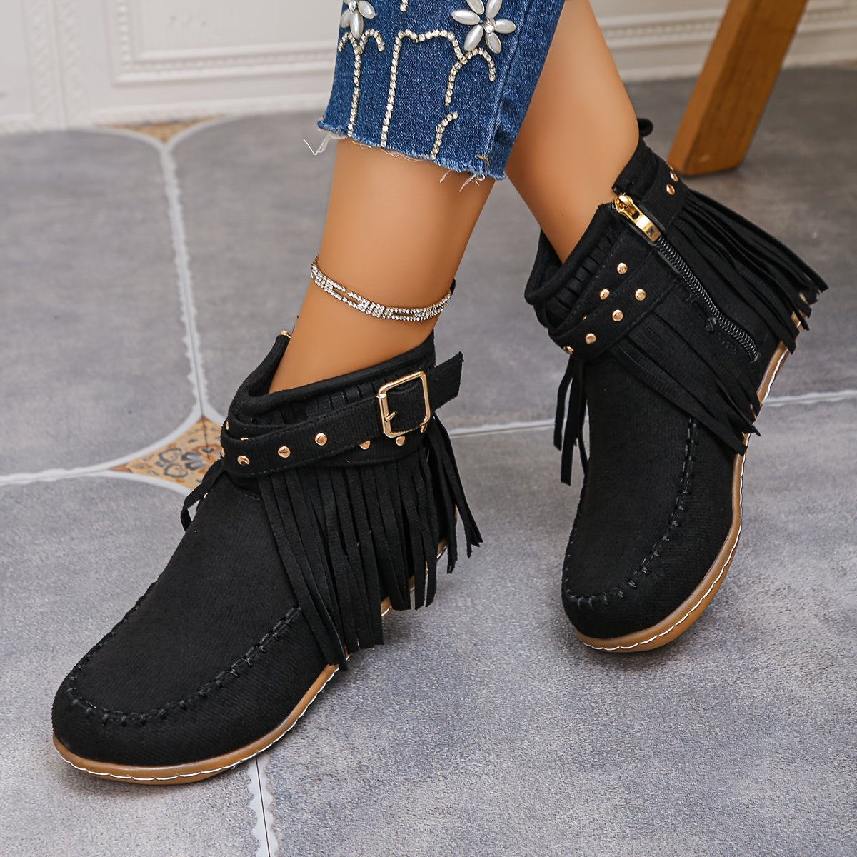 Women’s Short Boots With Tassel Decor, Side Zipper, Comfortable Winter Boots