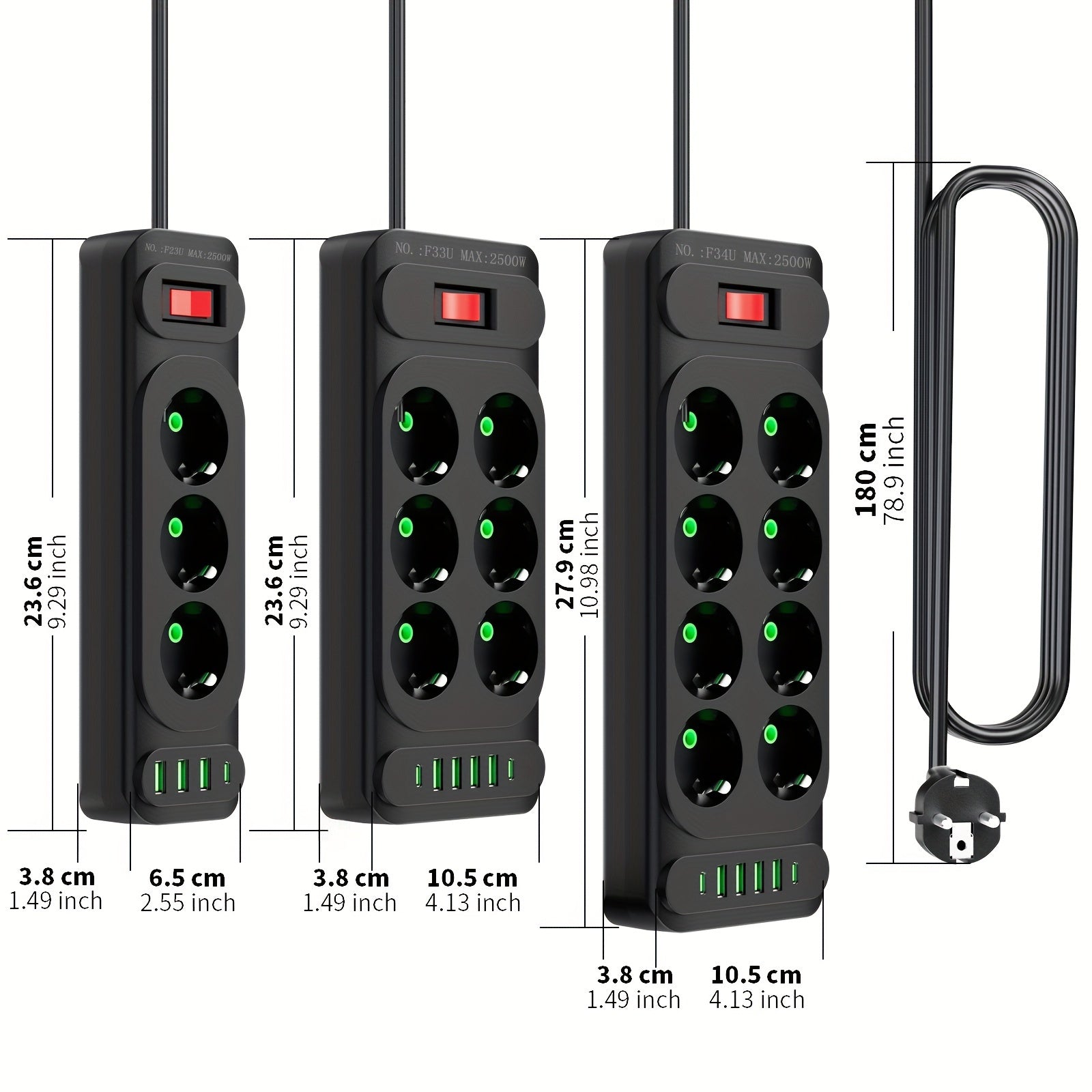 European Power Strip with 8 Outlets USB and Type-C Ports 2500W Extension Cord
