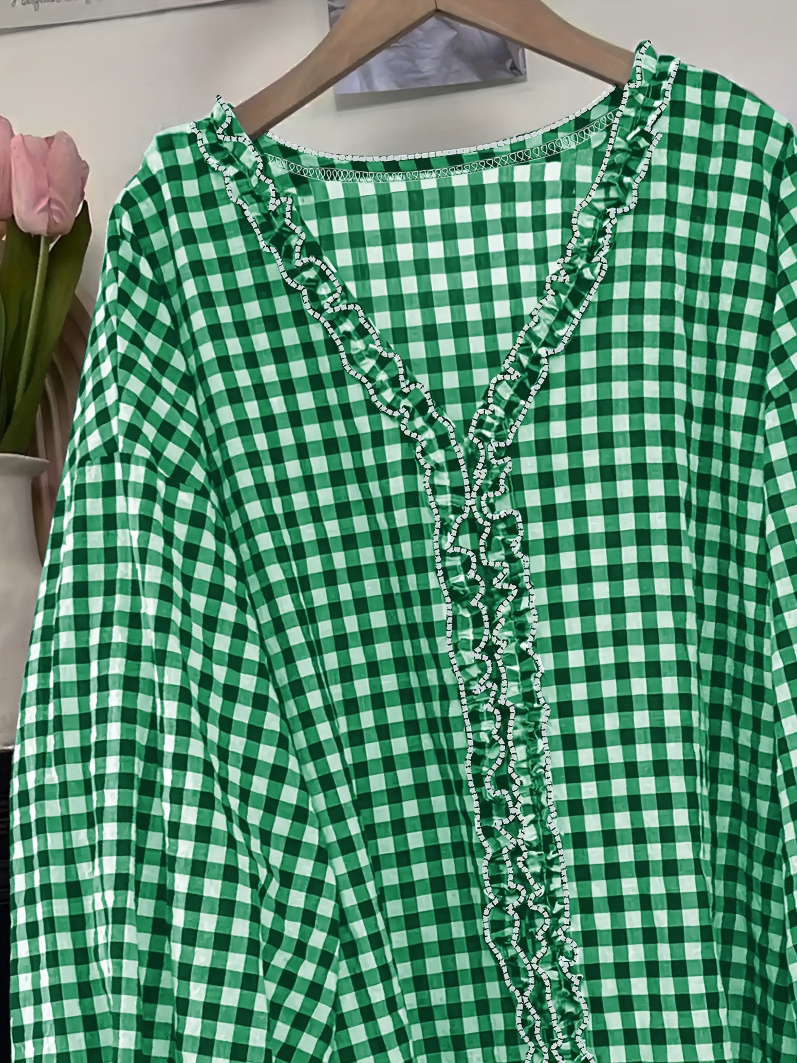 Plus Size Women's Loose Checkered Wood Ear Flap Shirt