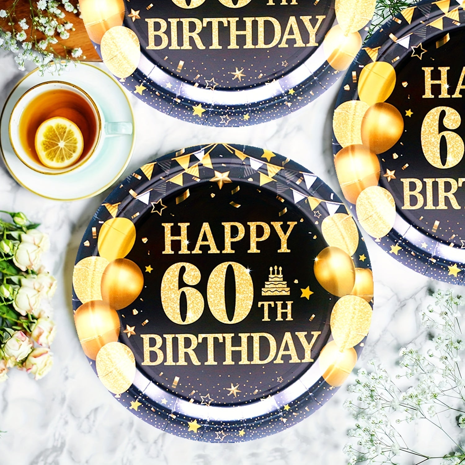 60th Birthday Party Supplies Set 20 Paper Plates 20 Paper Towels Tablecloth