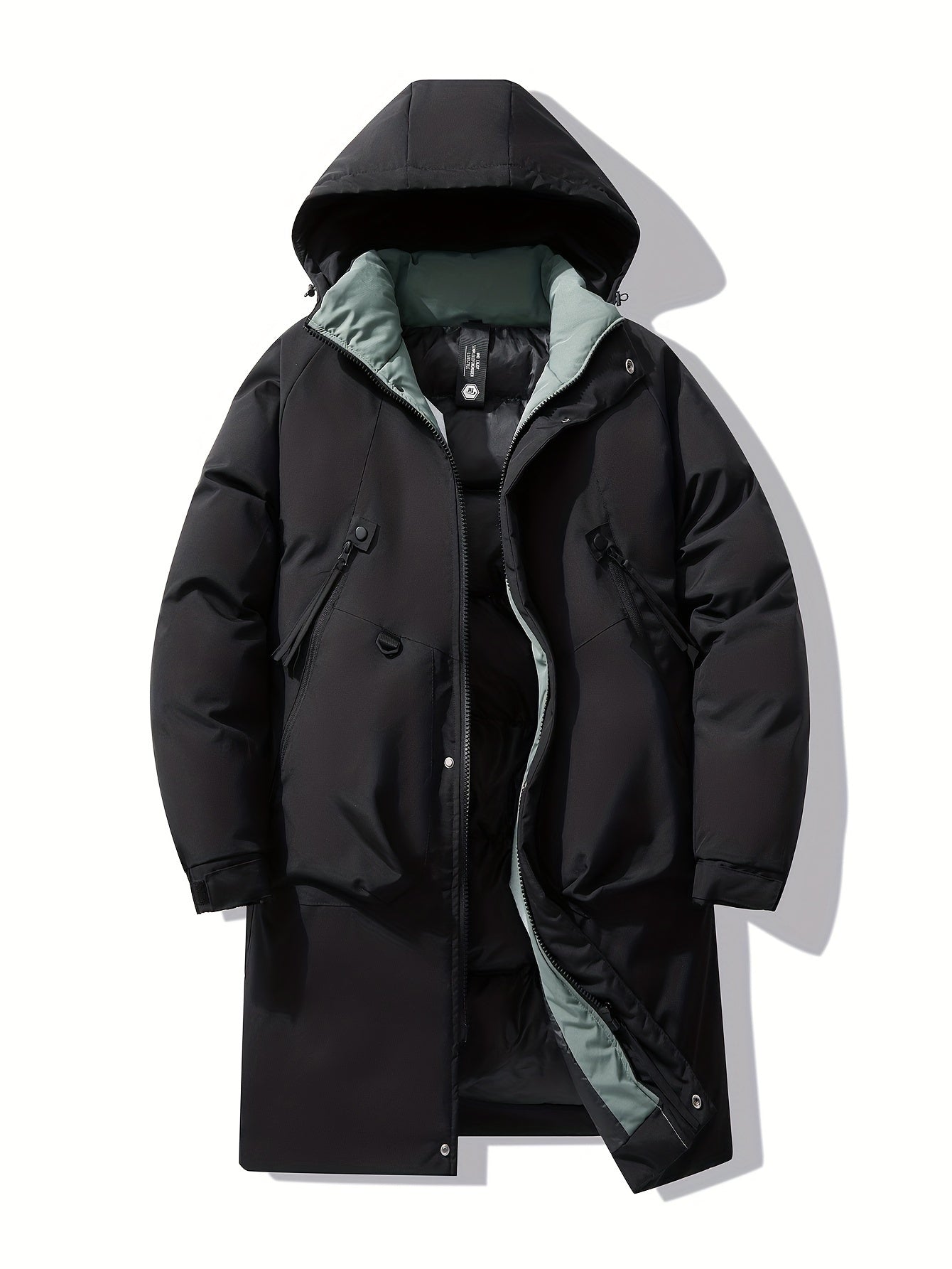 Erkaklar uchun katta o'lchamdagi qishki kapüşonli kurtka - zip-up kapüşonli qulay palto, qora va yashil aksentlar bilan, mashinada yuviladigan polyester, zamonaviy va silliq dizayn, sovuq ob-havo uchun mos.