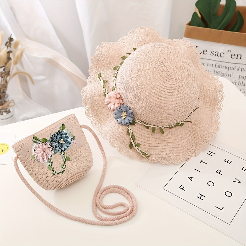 Girls' Straw Hat and Bag Set for Kids with Lace-Trim Flowers Beige Summer Outdoor Beach Vacation