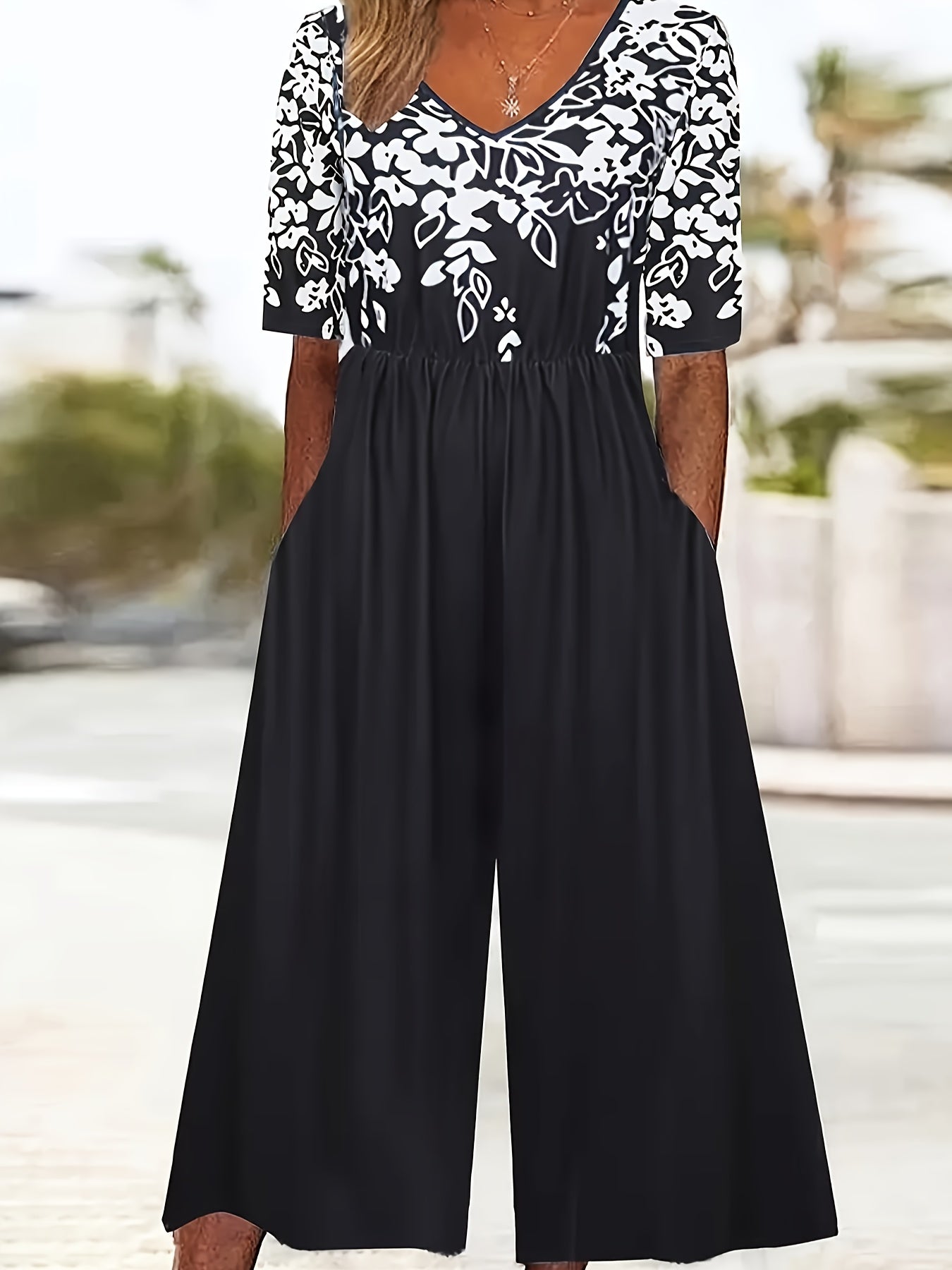 Women Floral V-Neck Jumpsuit High Stretch Lightweight Plus Size Romper