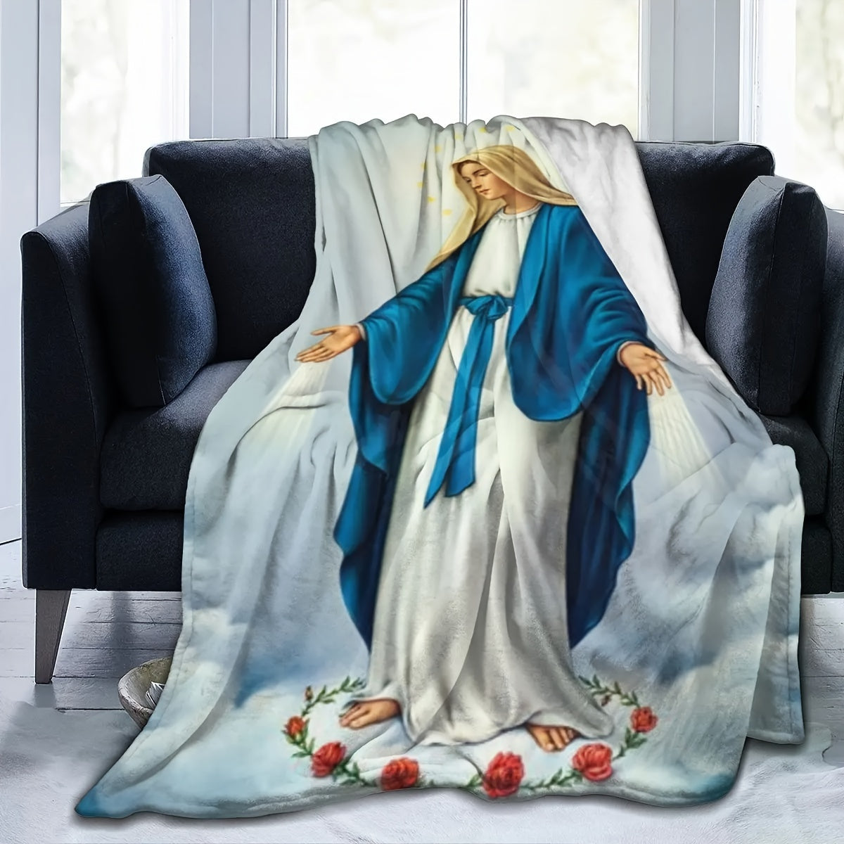 Mary and Guadalupe Themed Fuzzy Flannel Blanket for Sofa and Bed