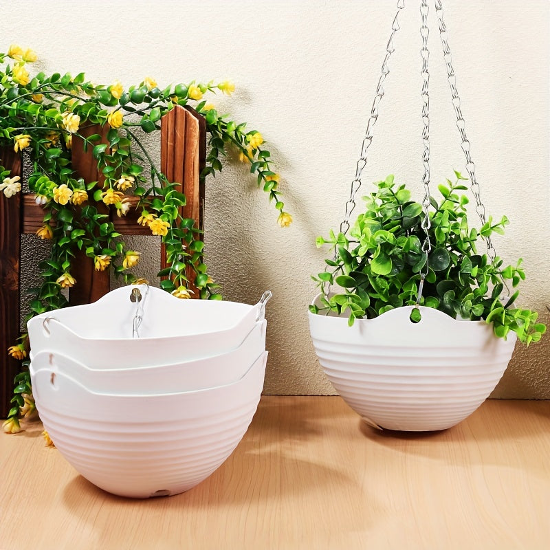 Set of 4 White Hanging Resin Planters with Drainage Holes for Indoor Outdoor Balcony Patio