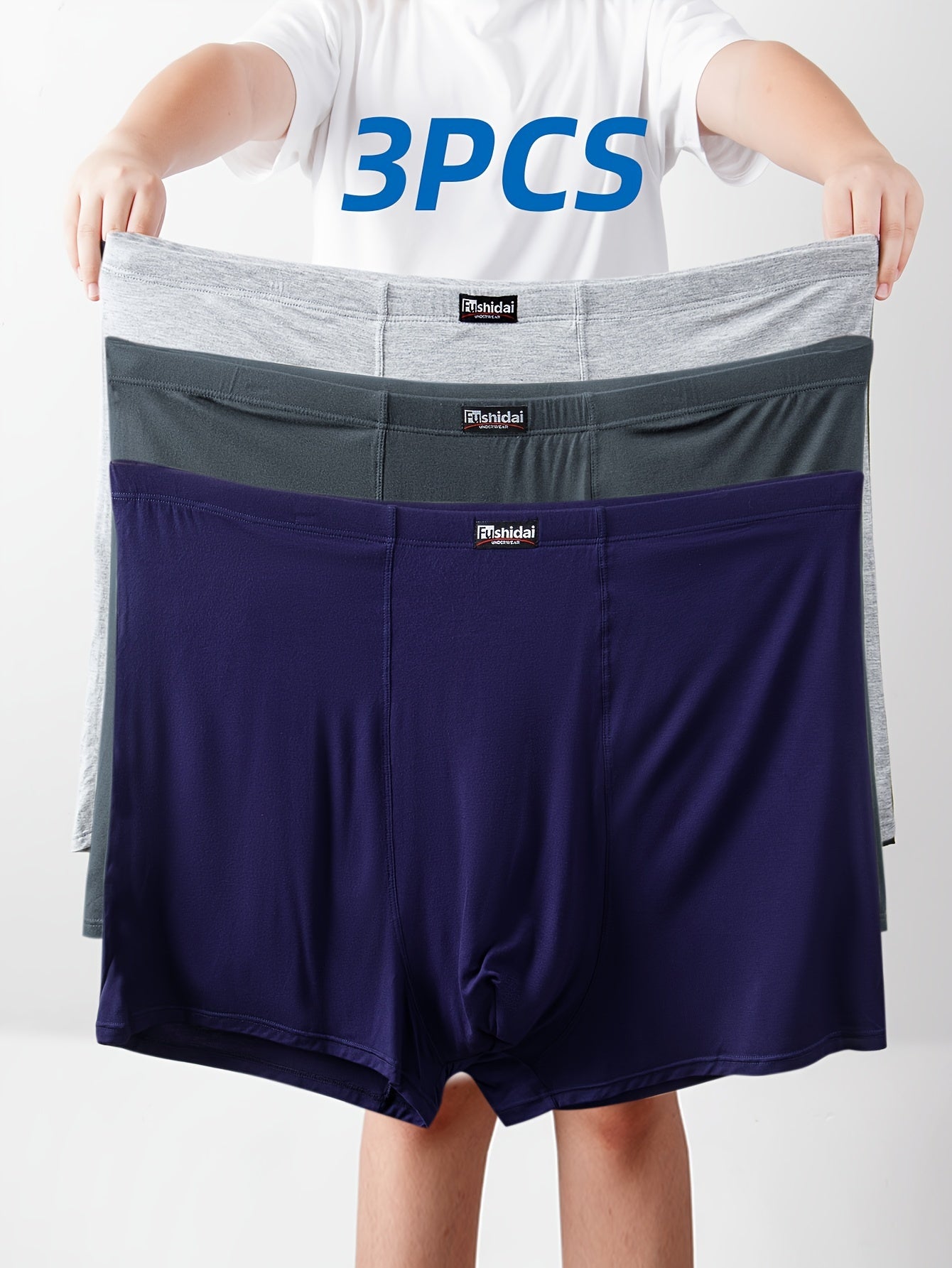 Men's Plus Size High-Waist Boxer Briefs Set 3 Pack Modal Spandex Dark Blue Gray Navy