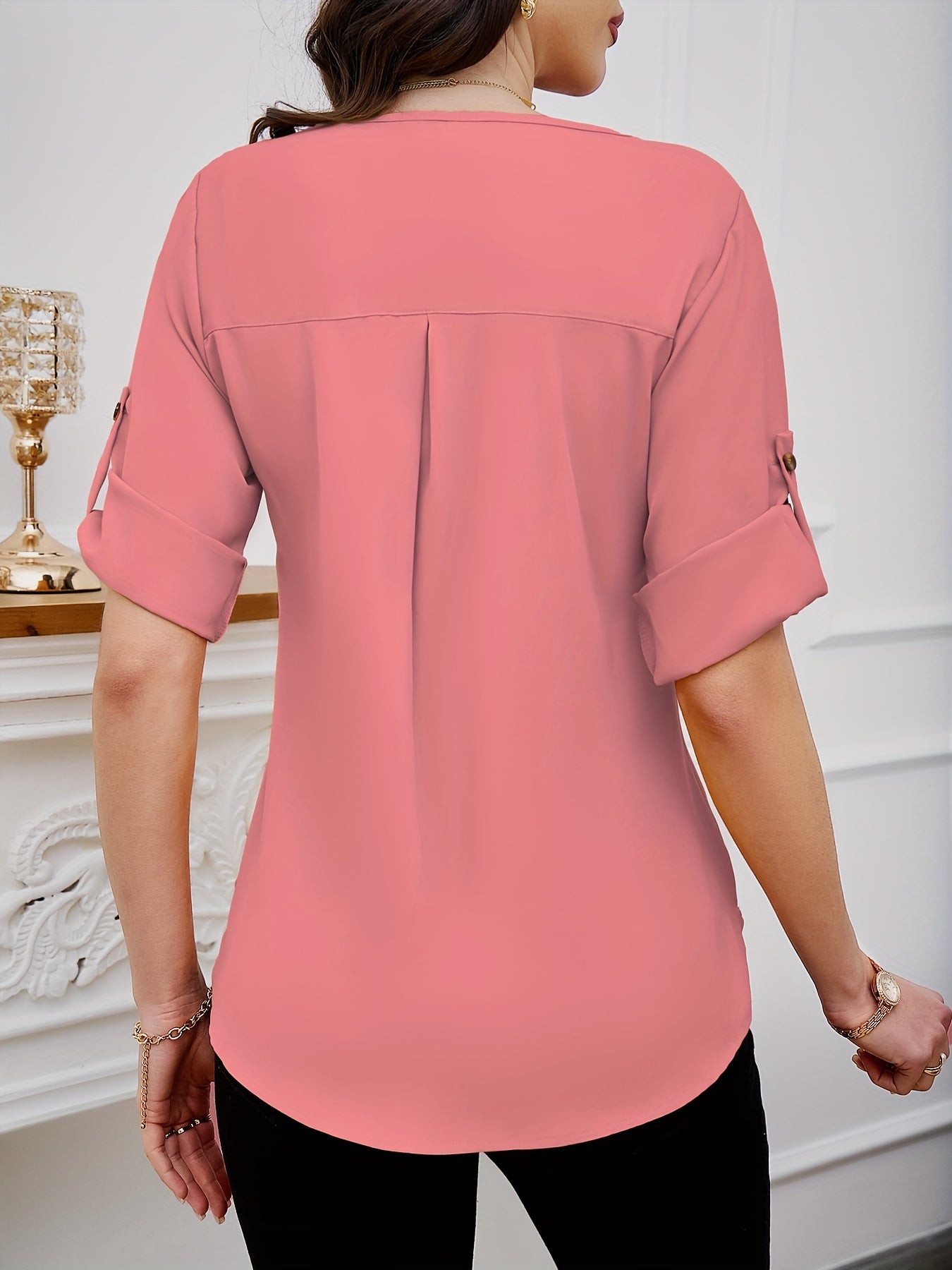Pleated Blouse with Crew Neck Short Sleeves Solid Color Spring Summer Women