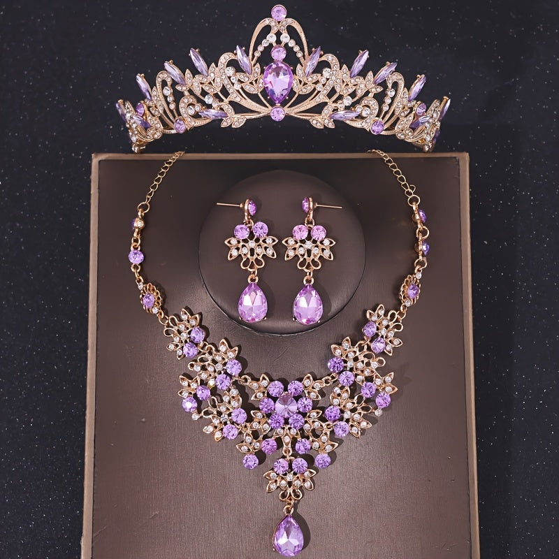 Elegant Wedding Jewelry Set with Crown Necklace and Earrings Green Rhinestones Bridal Accessories for Women