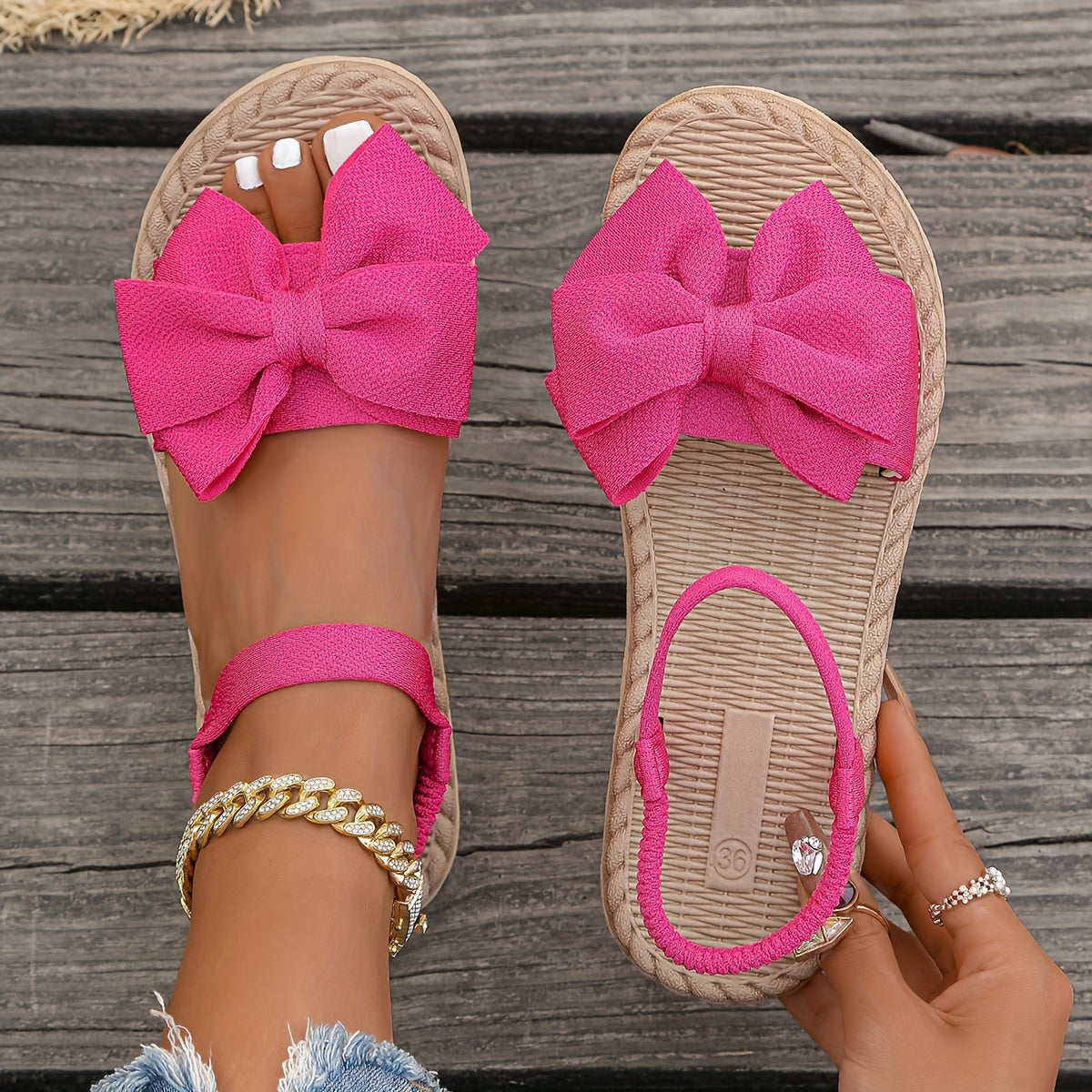 Women's Pink Bowknot Flat Sandals Lightweight Casual Summer Shoes