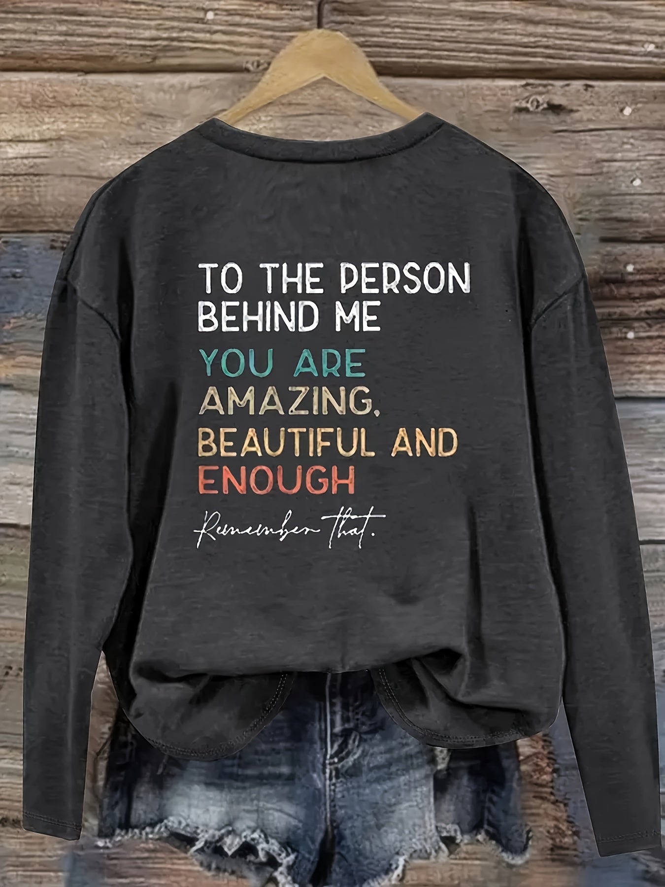 Women's Long Sleeve T-Shirt Polyester Crew Neck Spring Fall Black with Quote