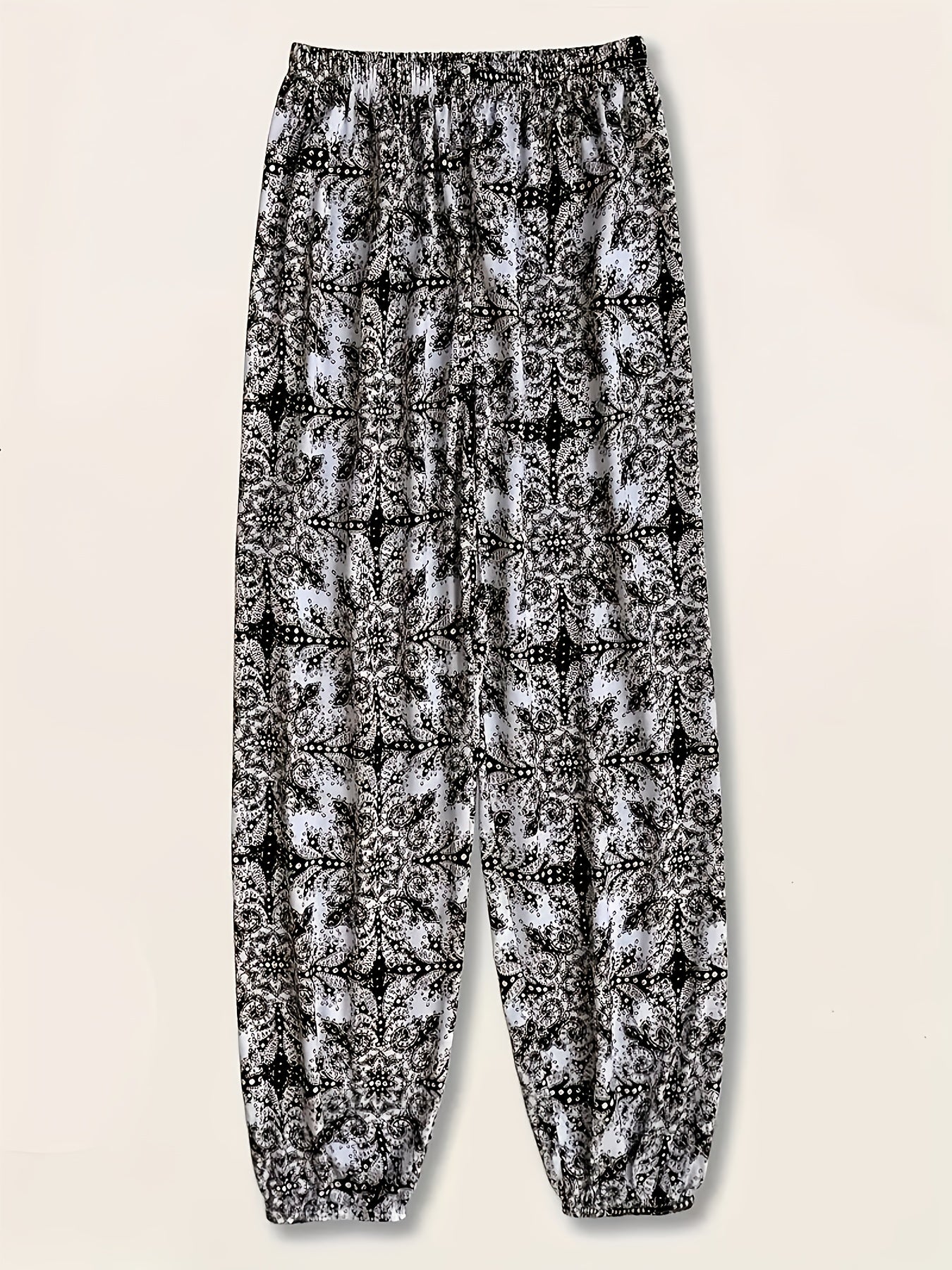 Women's Plus Size Bohemian Print Joggers Black White Tribal Loose Fit Pants