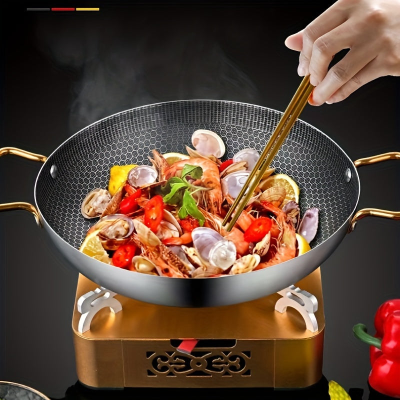 Stainless Steel Wok Pan with Honeycomb Non-Stick Coating for Gas Stovetops